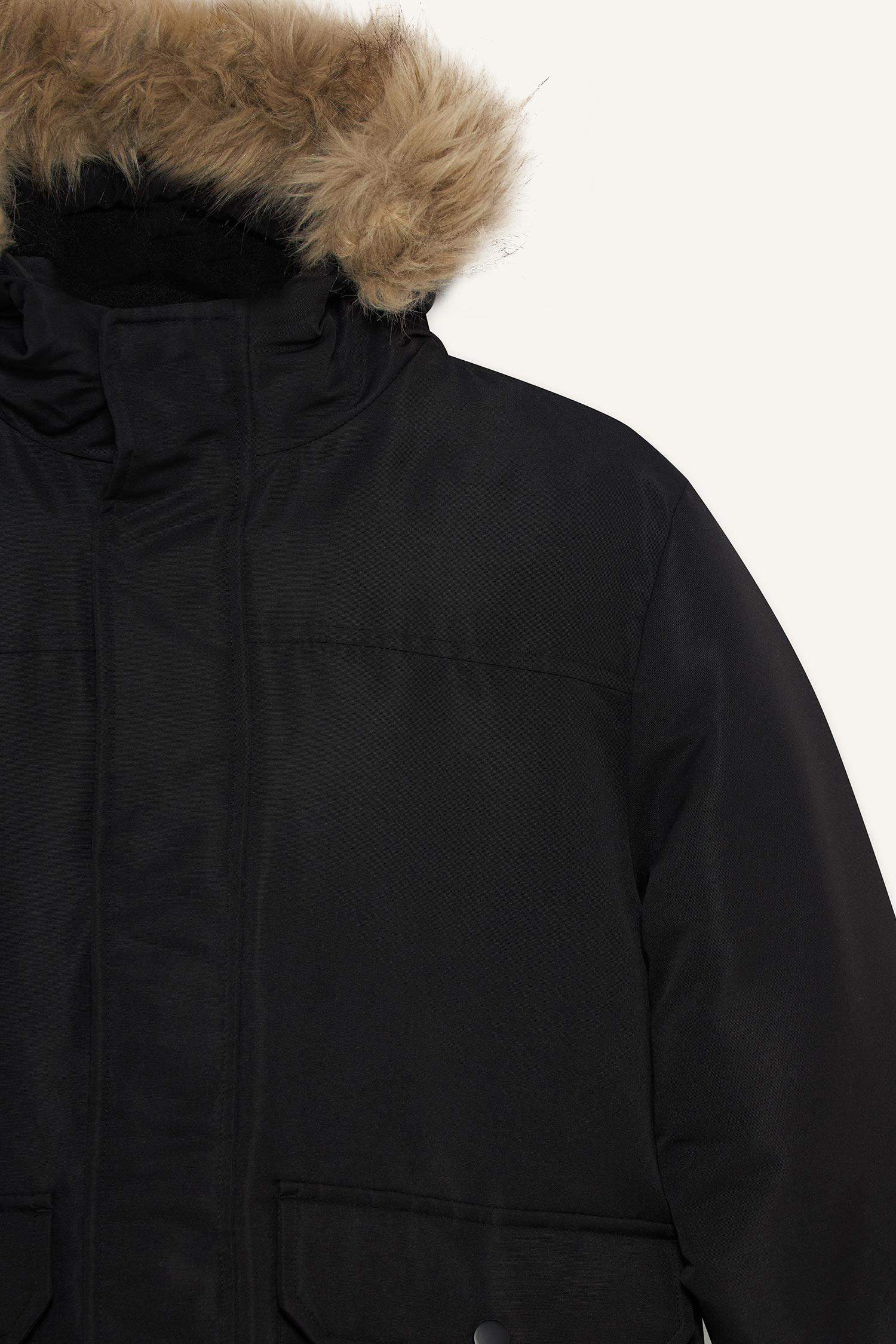 Boy Hooded Plush Lined with Removable Faux Fur Collar Rain Coat