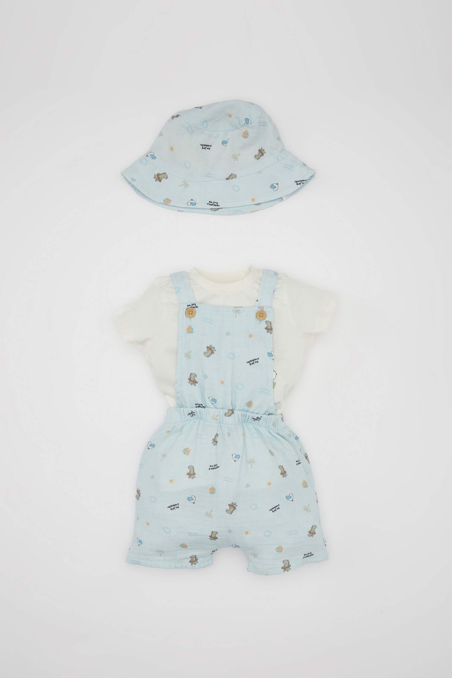 Baby Boy Printed T-Shirt Salope Hat Muslin 3 Piece Set