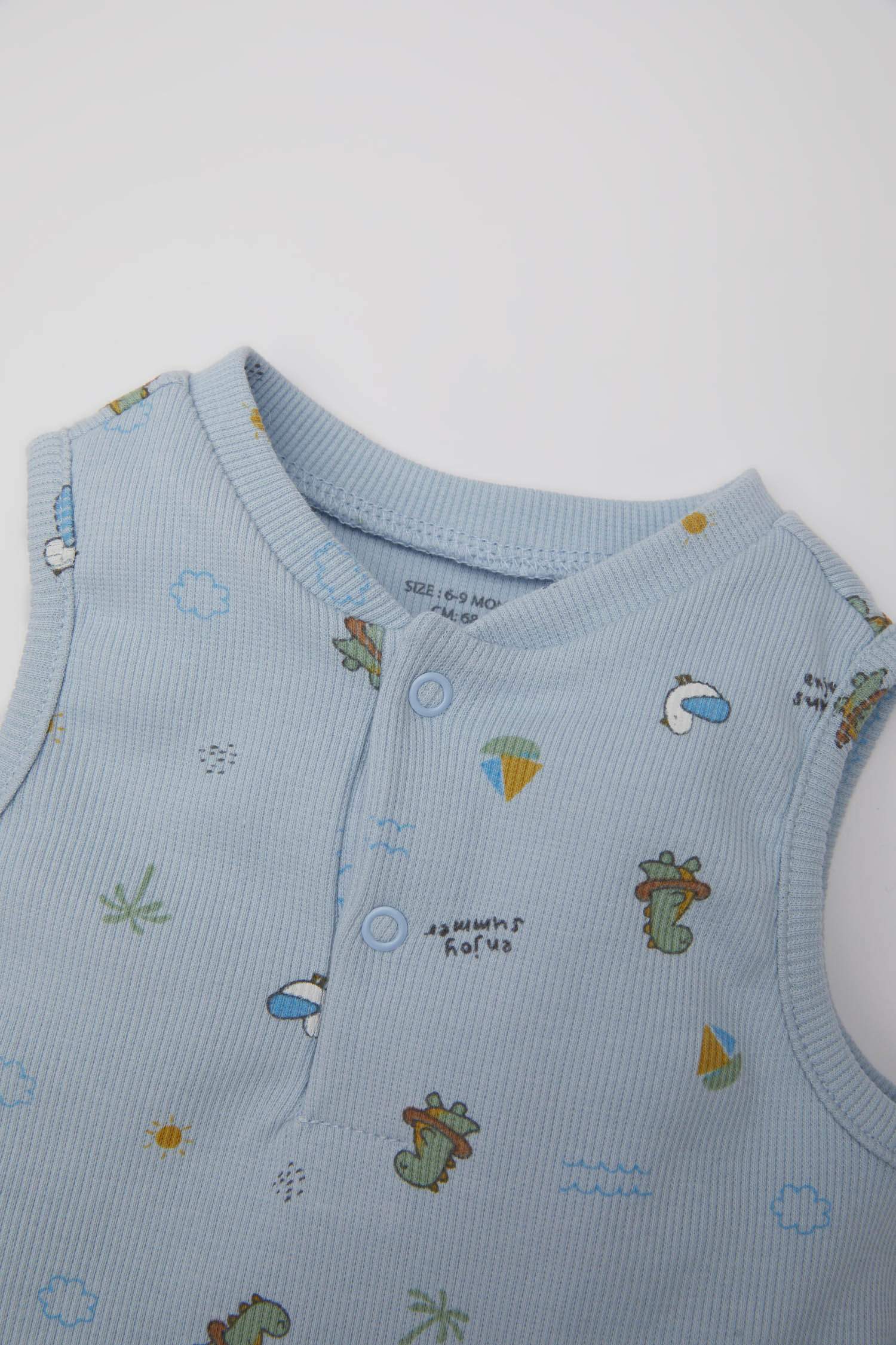 Erkek Bebek Yenidoğan Desenli Fitilli Kaşkorse Kolsuz Tulum