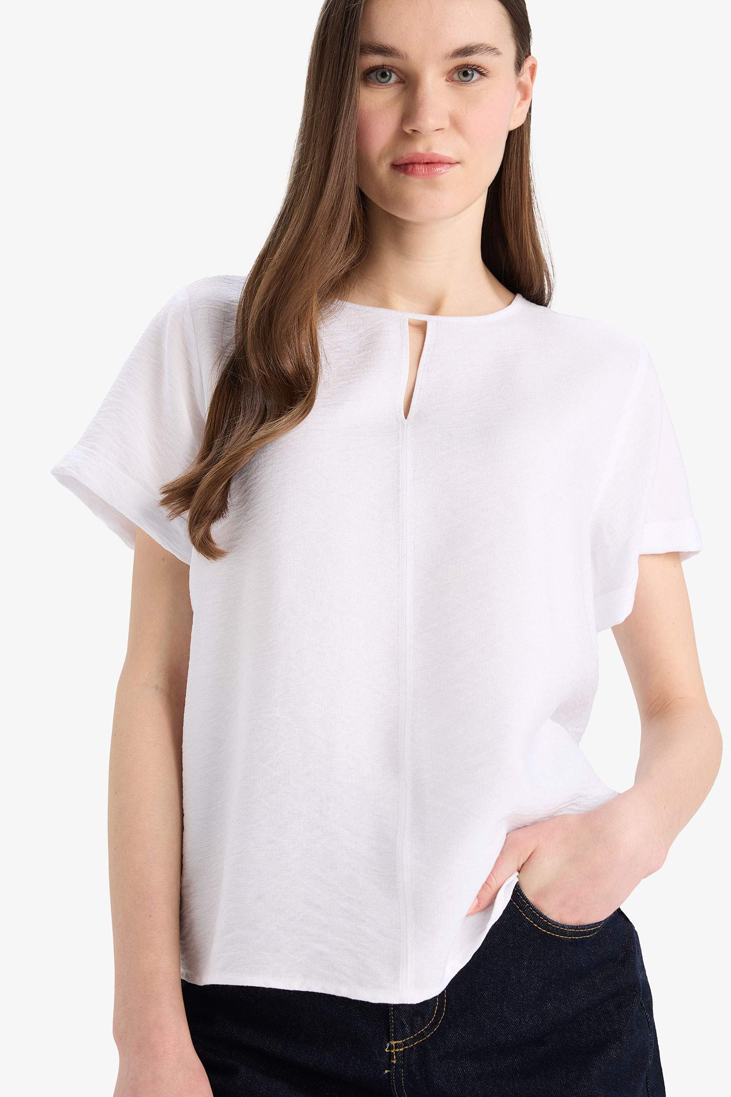 Regular Fit Round Collar Short Sleeve Blouse