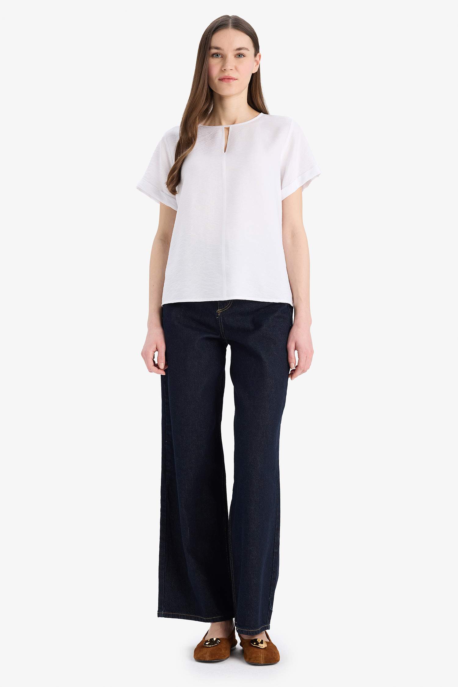 Regular Fit Round Collar Short Sleeve Blouse