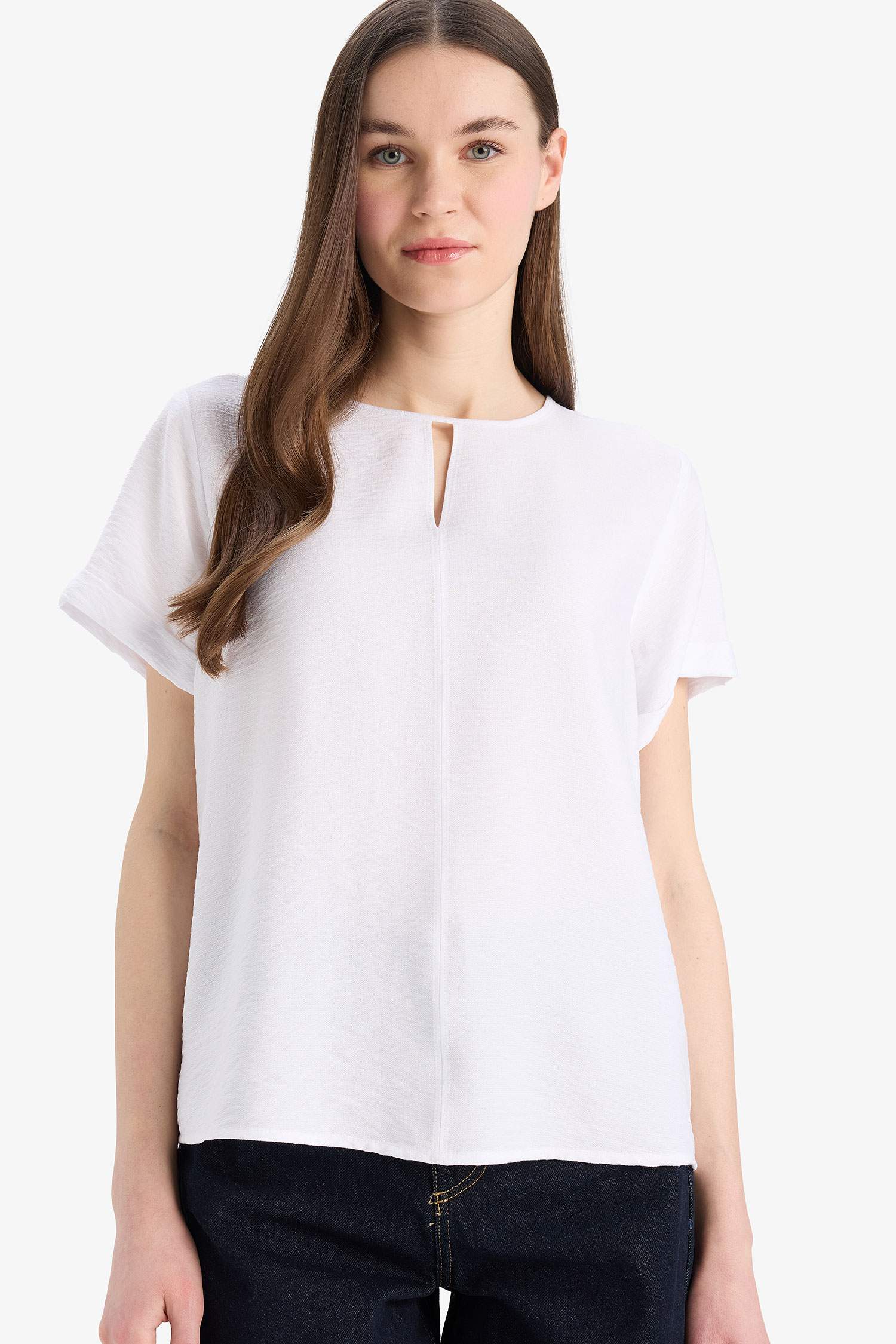 Regular Fit Round Collar Short Sleeve Blouse