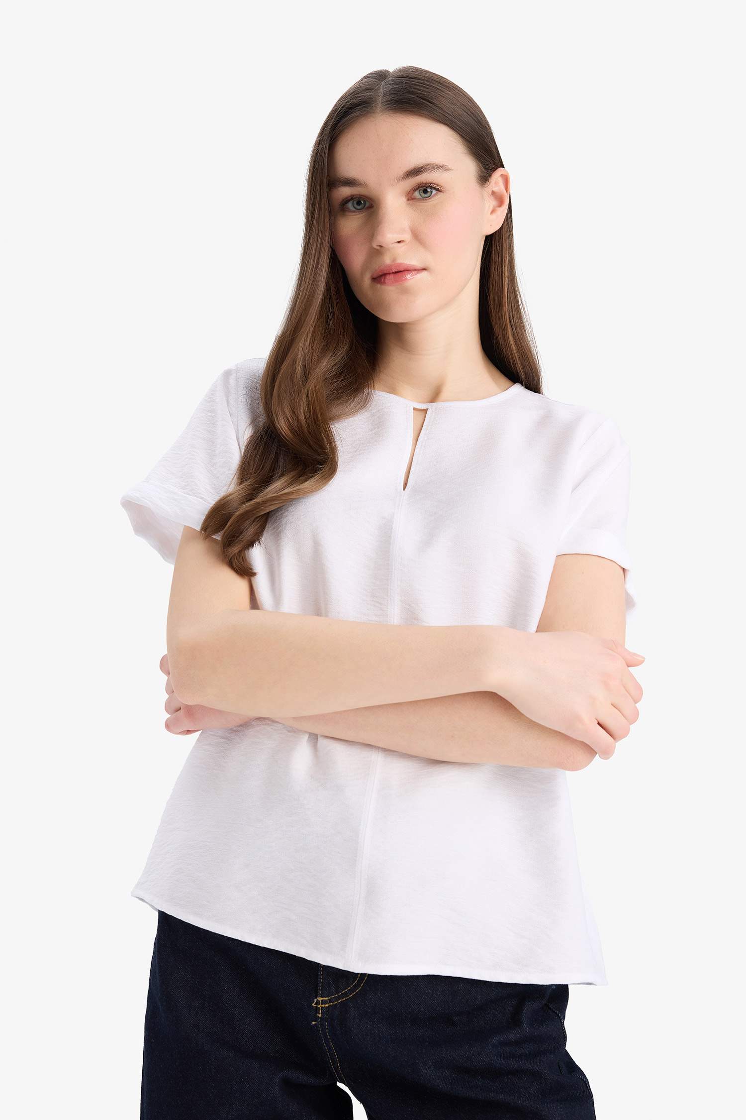 Regular Fit Round Collar Short Sleeve Blouse