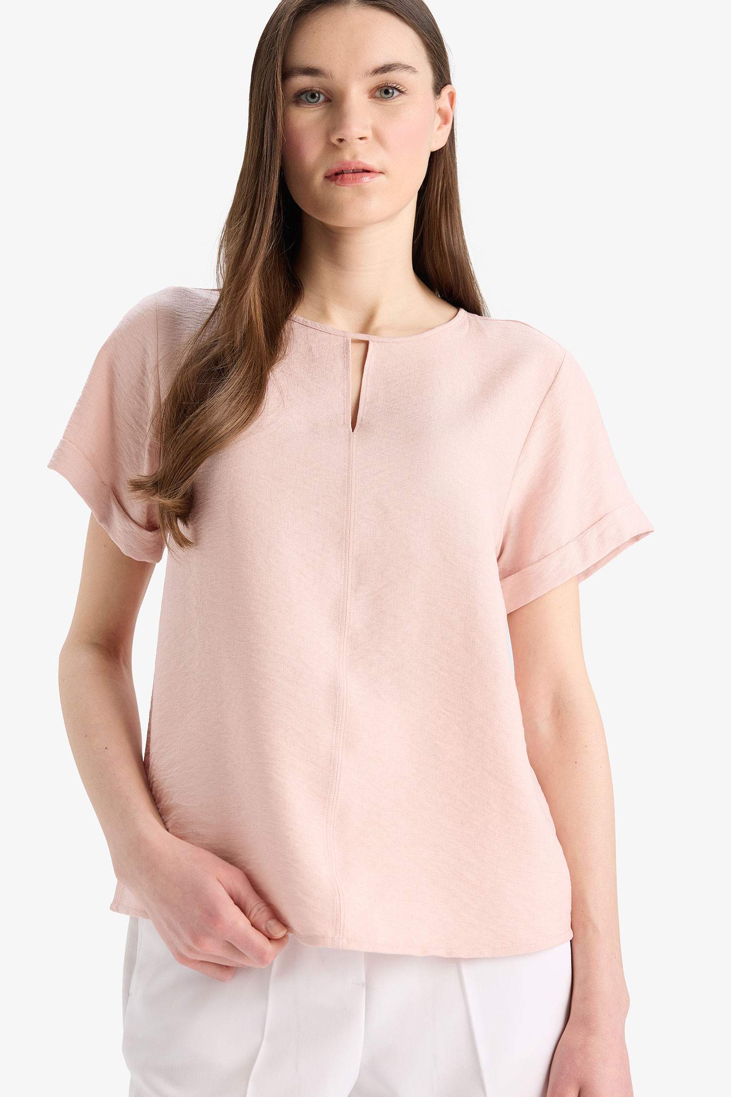 Regular Fit Round Collar Short Sleeve Blouse