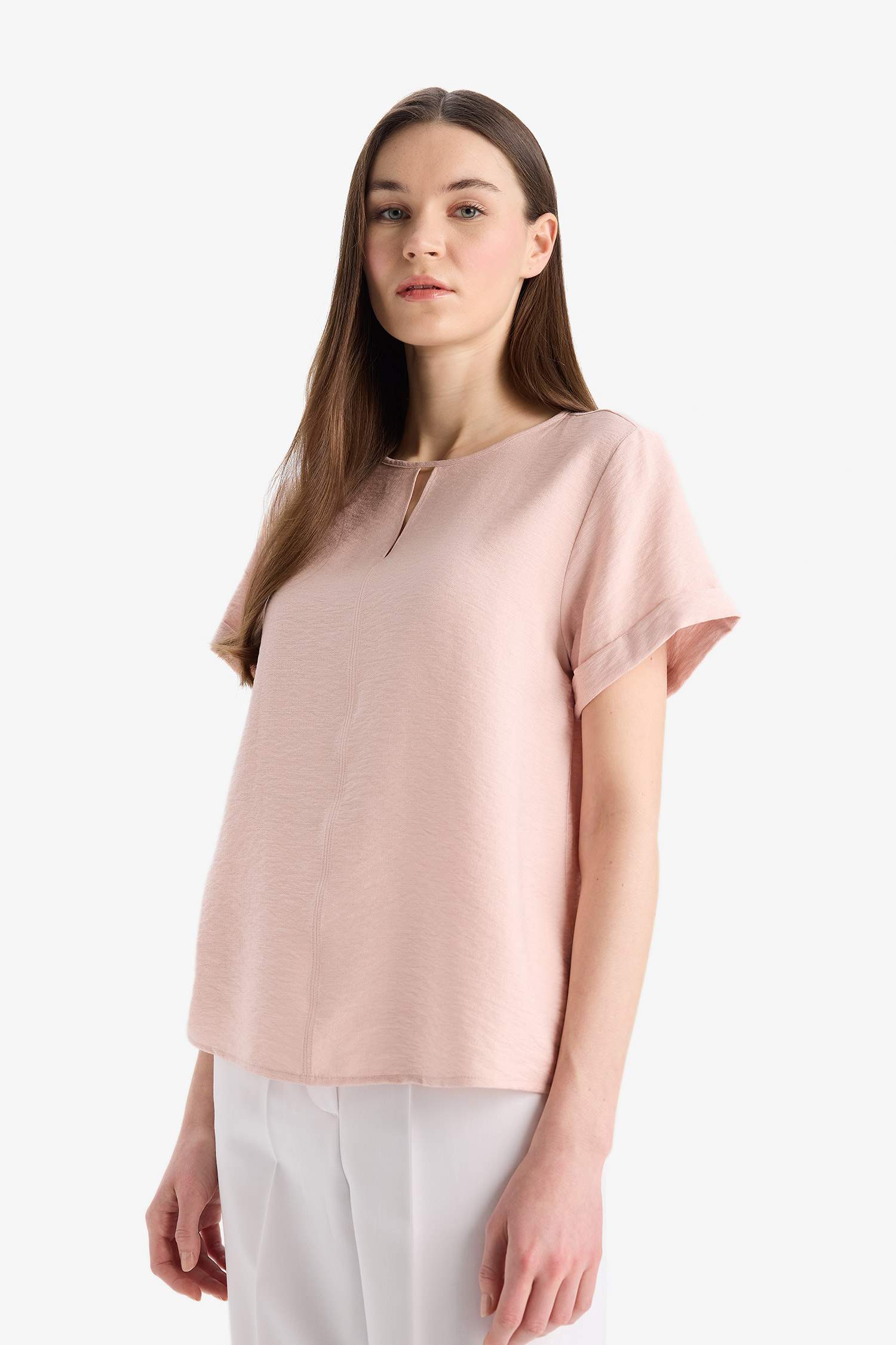 Regular Fit Round Collar Short Sleeve Blouse