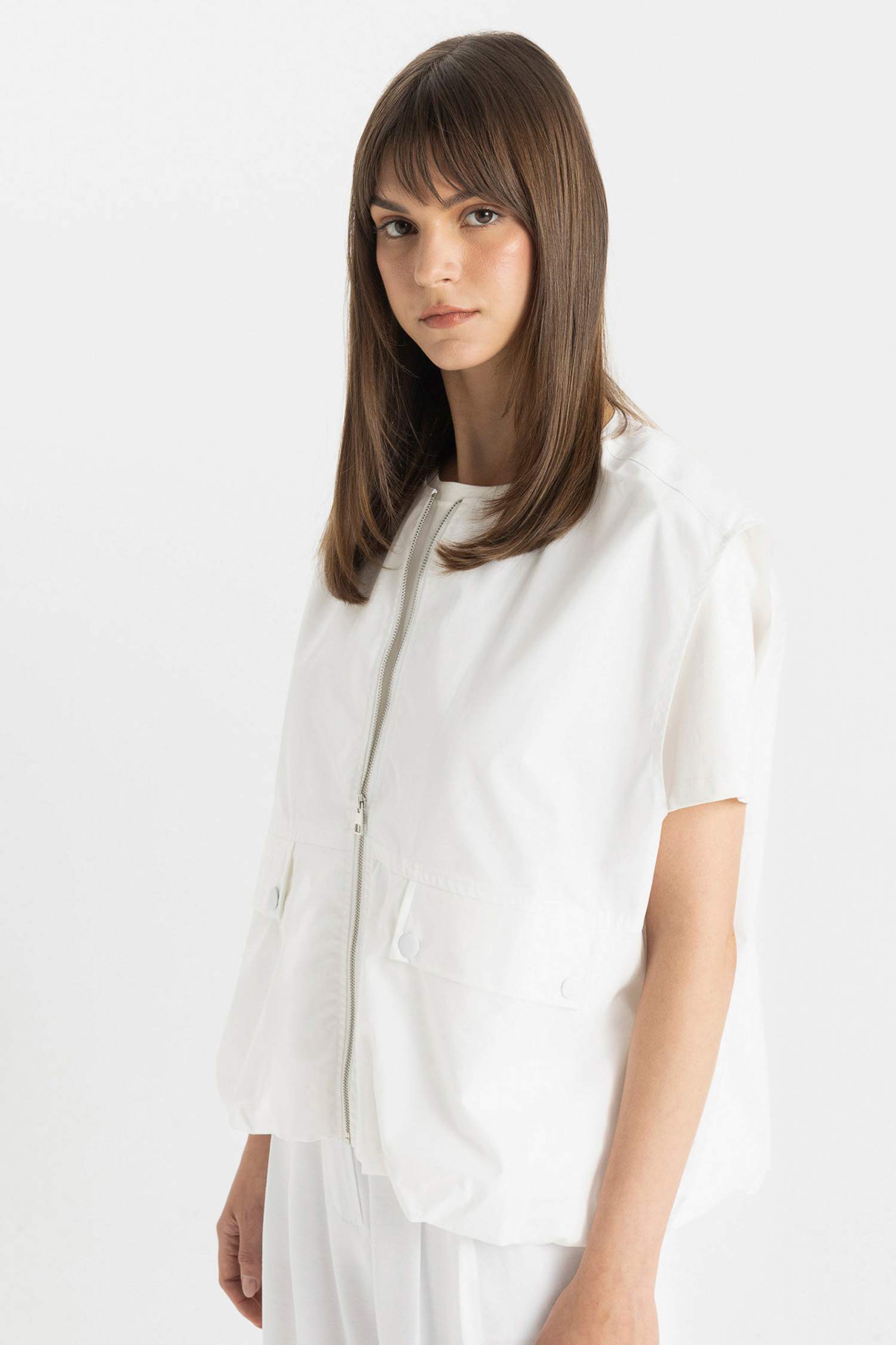 Oversize Geniş Kalıp Mevsimlik Hafif Poplin Yelek Bisiklet Yaka Fermuarlı Cepli