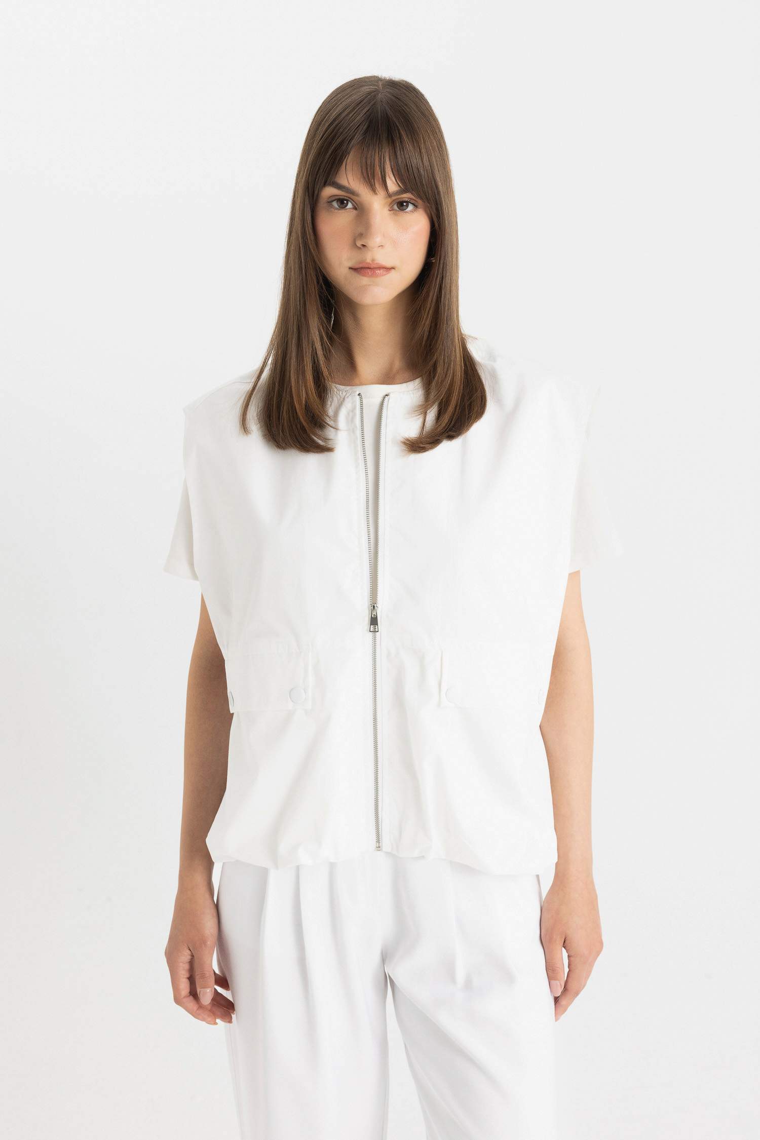 Oversize Geniş Kalıp Mevsimlik Hafif Poplin Yelek Bisiklet Yaka Fermuarlı Cepli