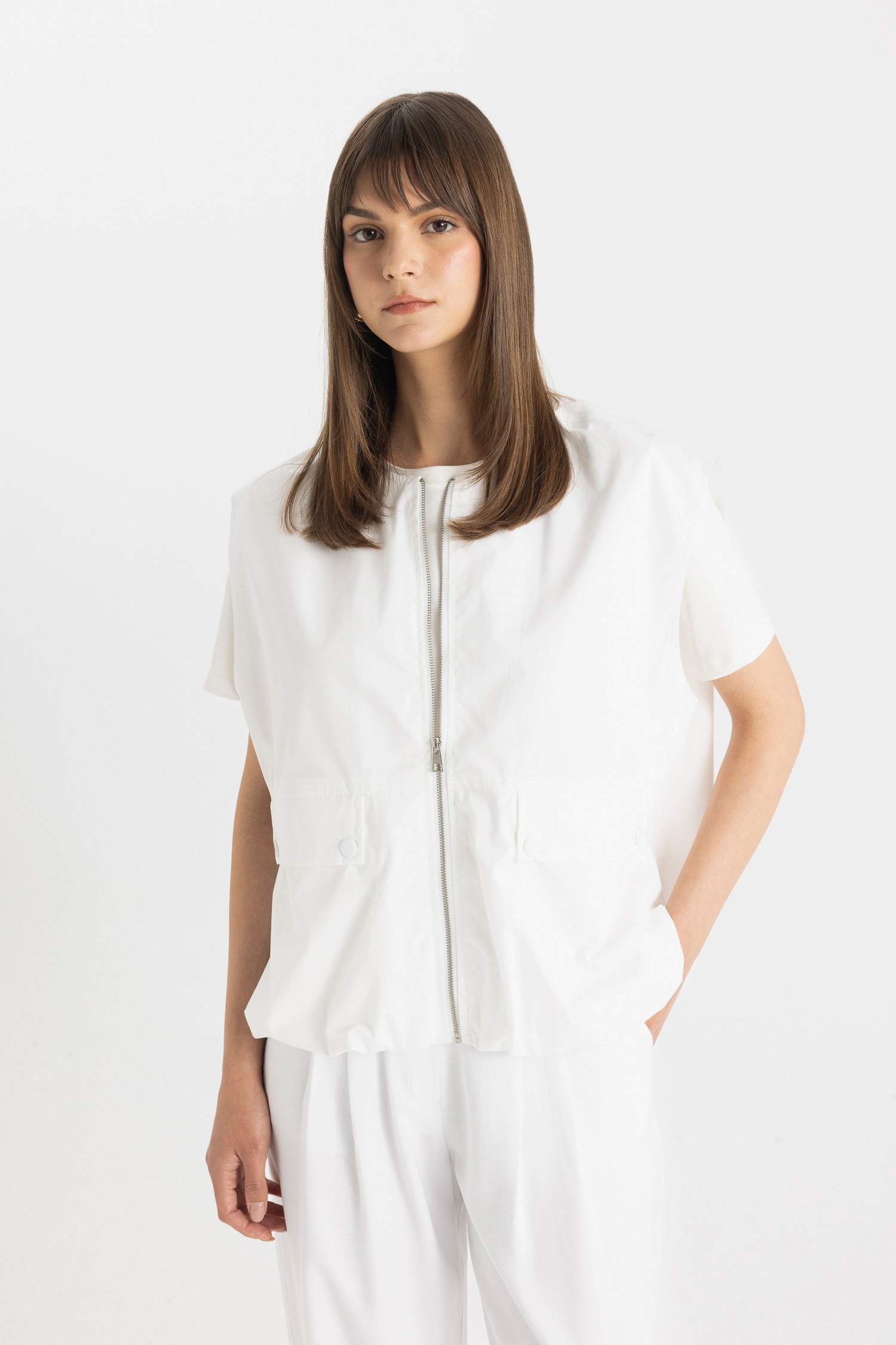 Oversize Geniş Kalıp Mevsimlik Hafif Poplin Yelek Bisiklet Yaka Fermuarlı Cepli