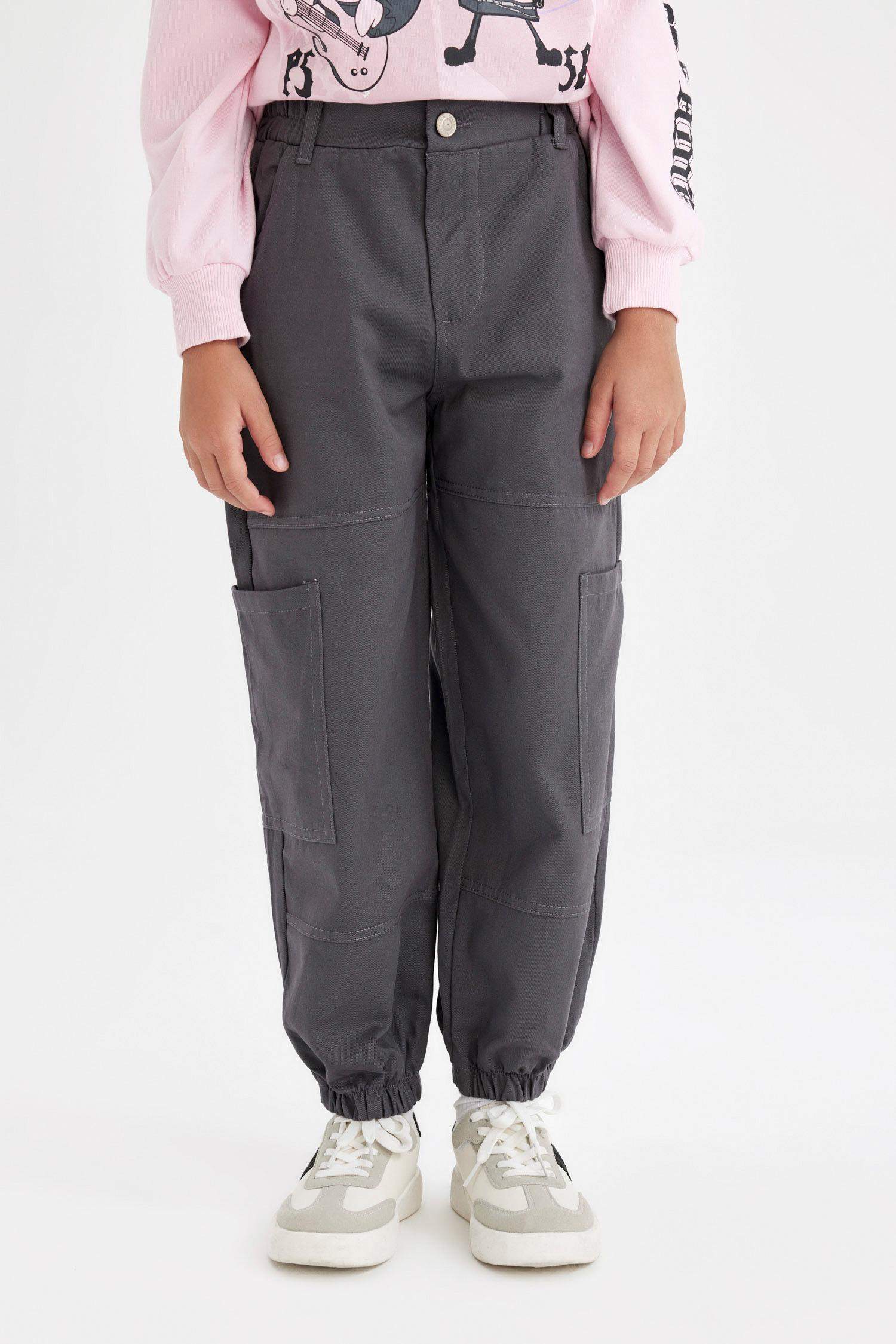 Kız Çocuk Kargo Cepli Beli ve Paçası Lastikli  Pamuklu Antrasit Paraşüt  Pantolon