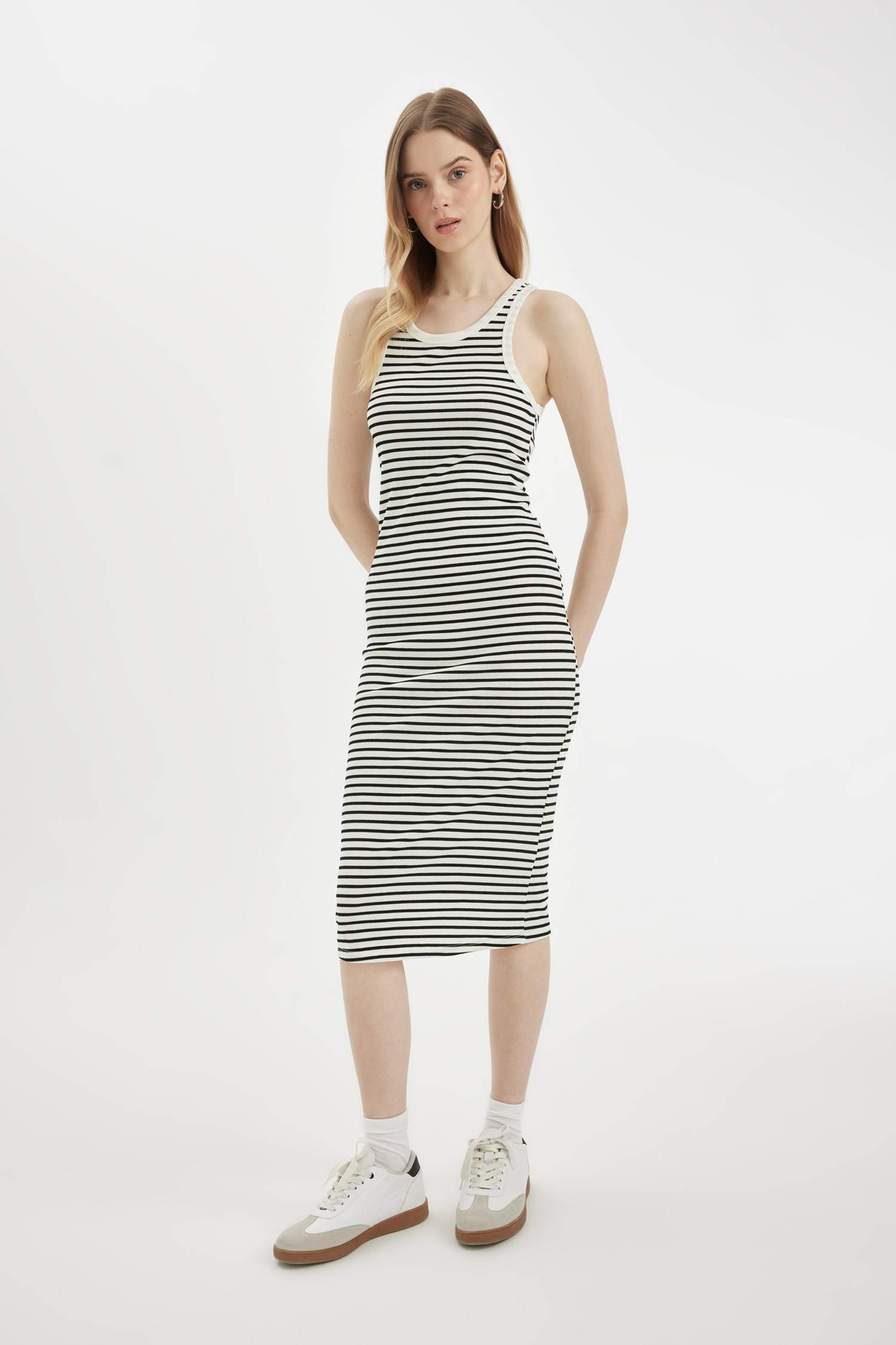 Bodycon Halter Neck Striped Ribbed Sleeveless Midi Dress