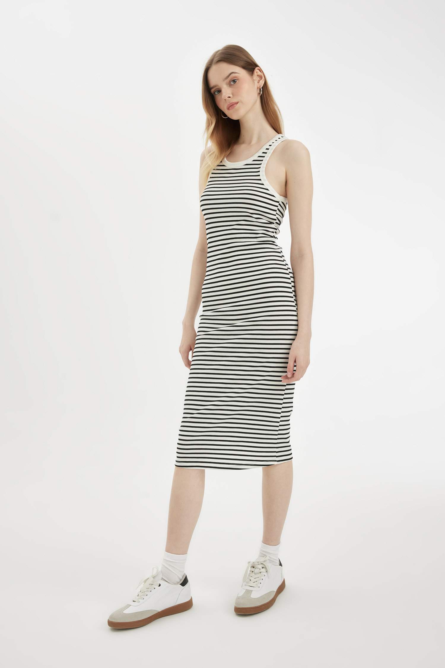 Bodycon Halter Neck Striped Ribbed Sleeveless Midi Dress