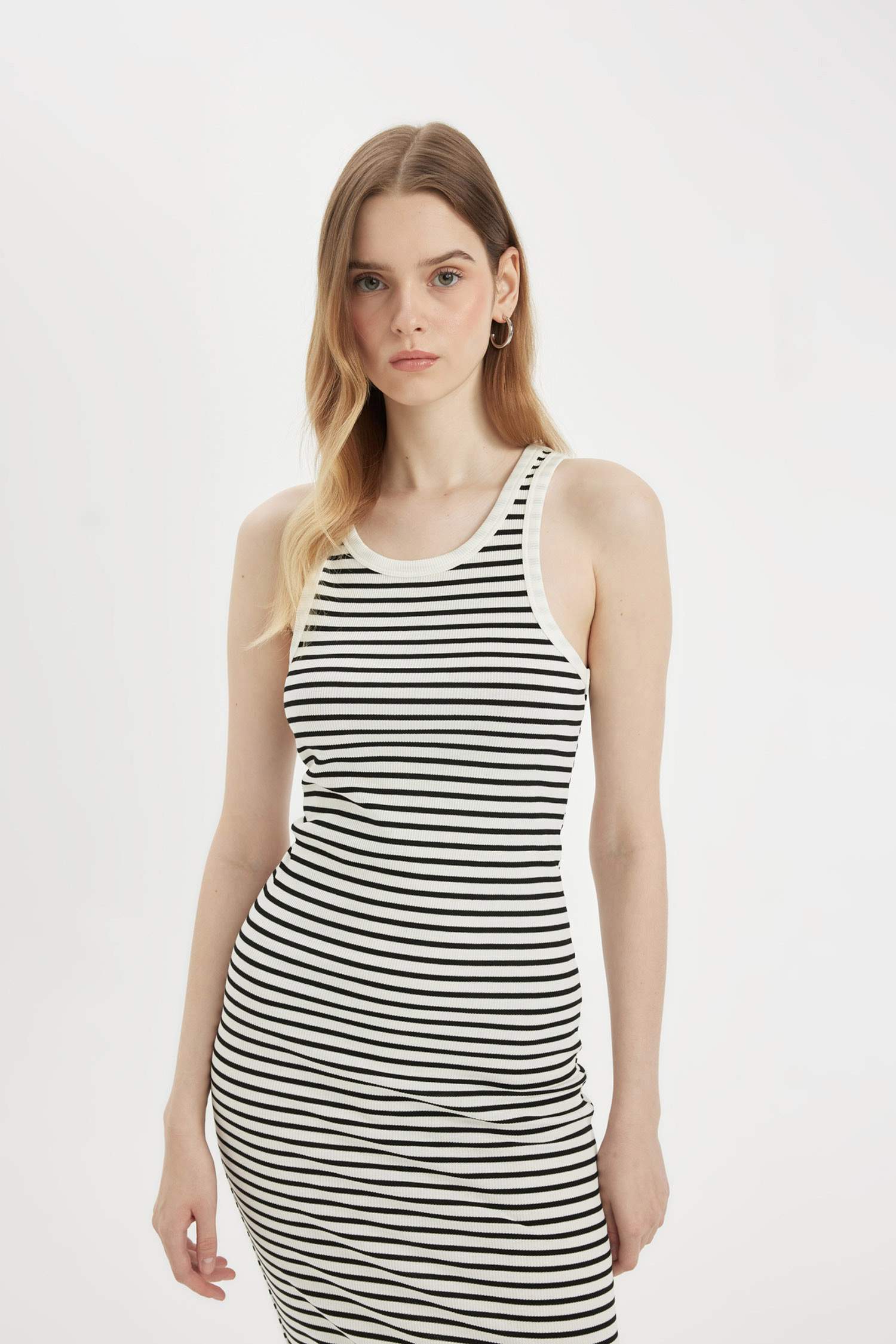 Bodycon Halter Neck Striped Ribbed Sleeveless Midi Dress