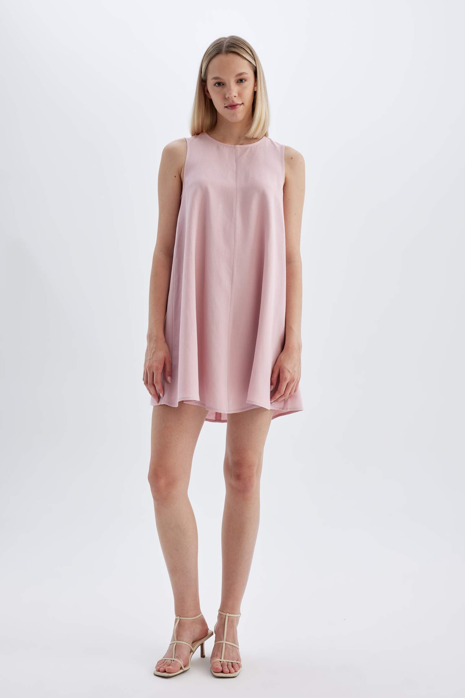A-Line Crew Neck Linen Sleeveless Mini Dress