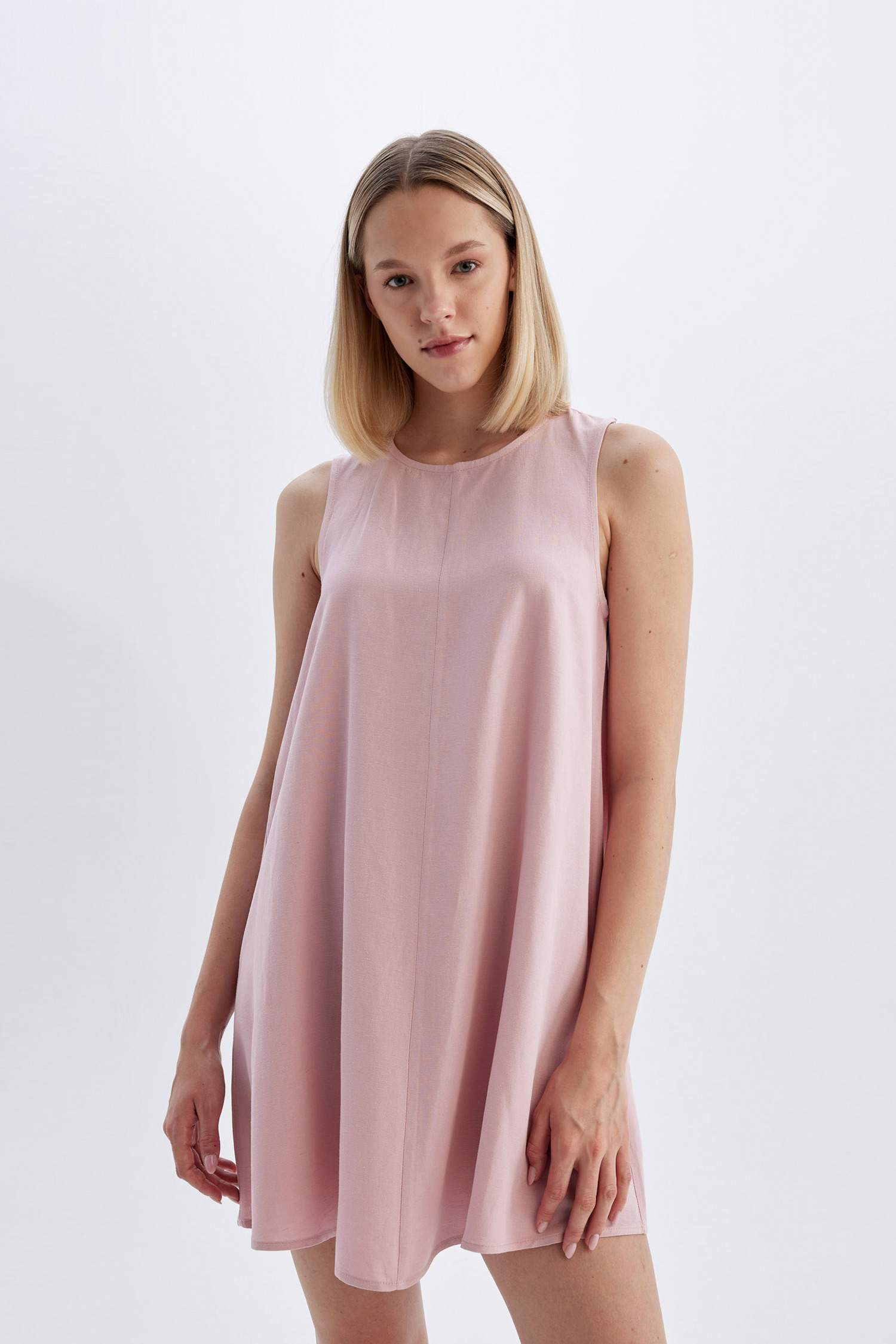 A-Line Crew Neck Linen Sleeveless Mini Dress