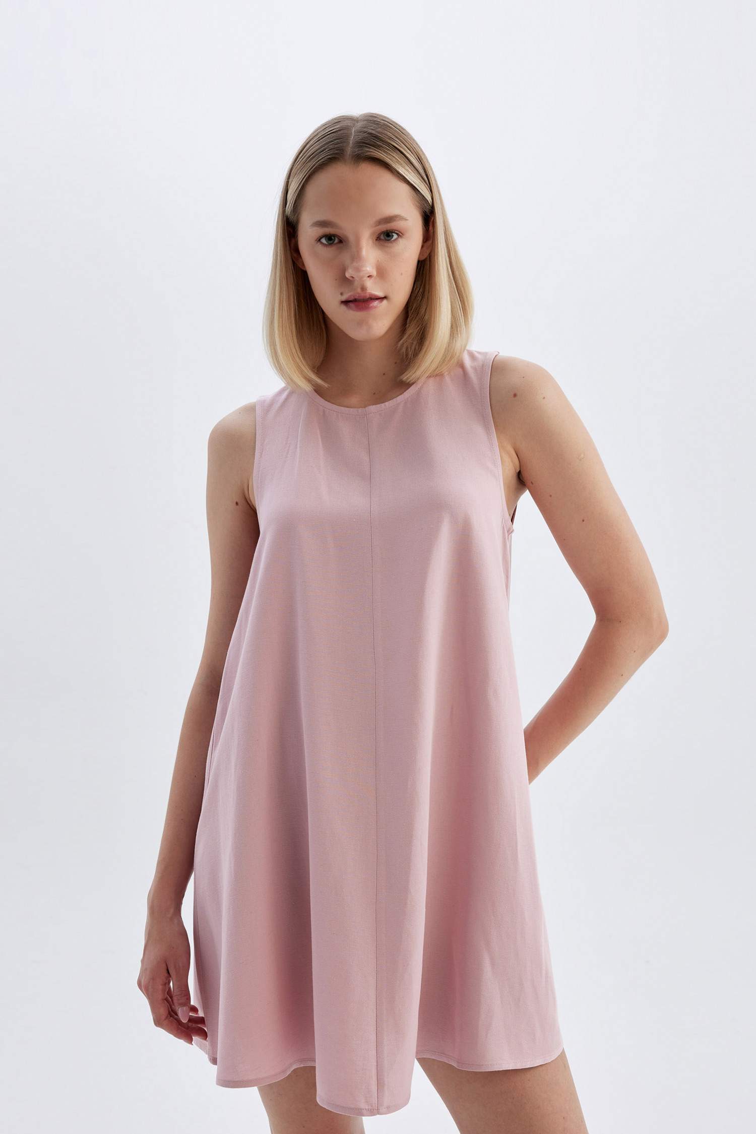 A-Line Crew Neck Linen Sleeveless Mini Dress