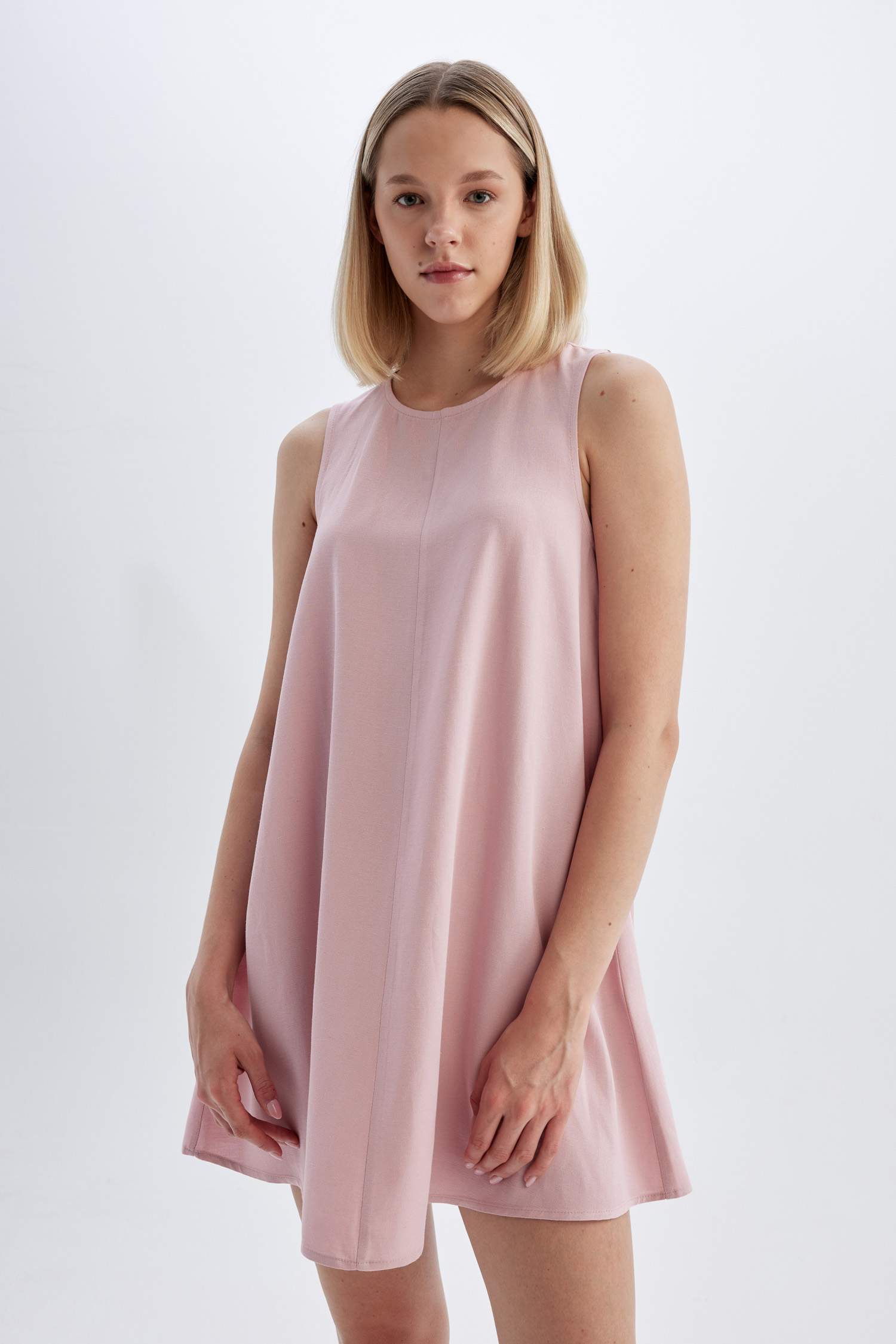 A-Line Crew Neck Linen Sleeveless Mini Dress