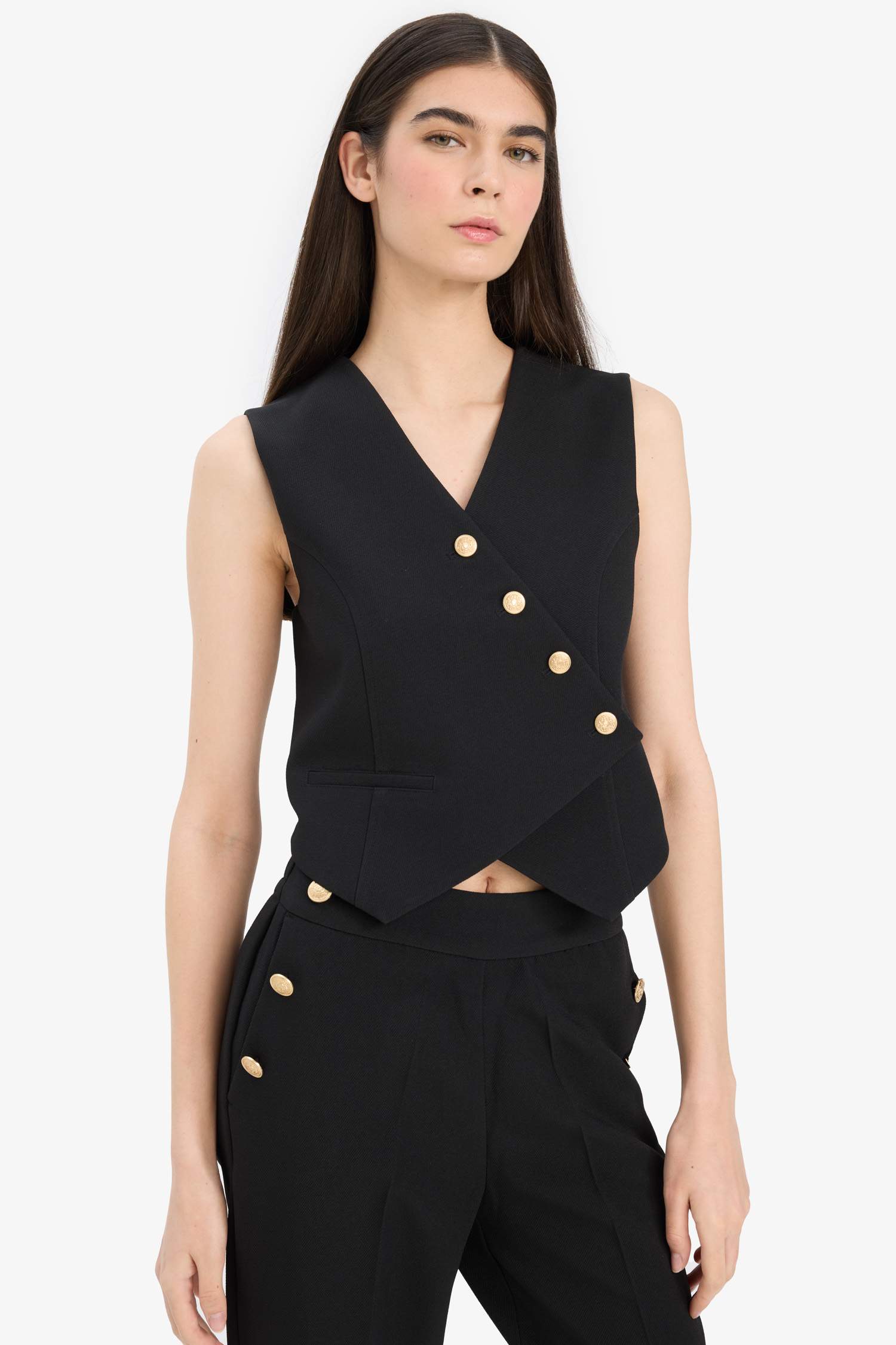 Asimetrik V Yaka Çizgili Blazer Yelek