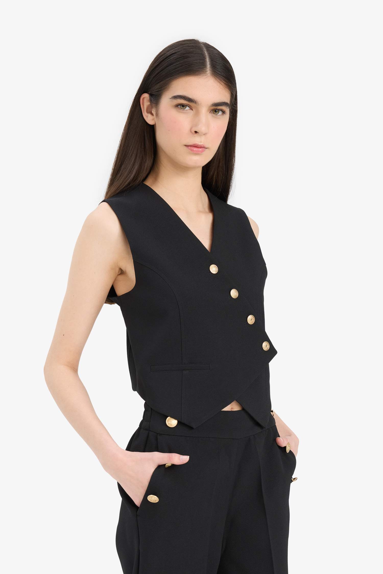 Asimetrik V Yaka Çizgili Blazer Yelek