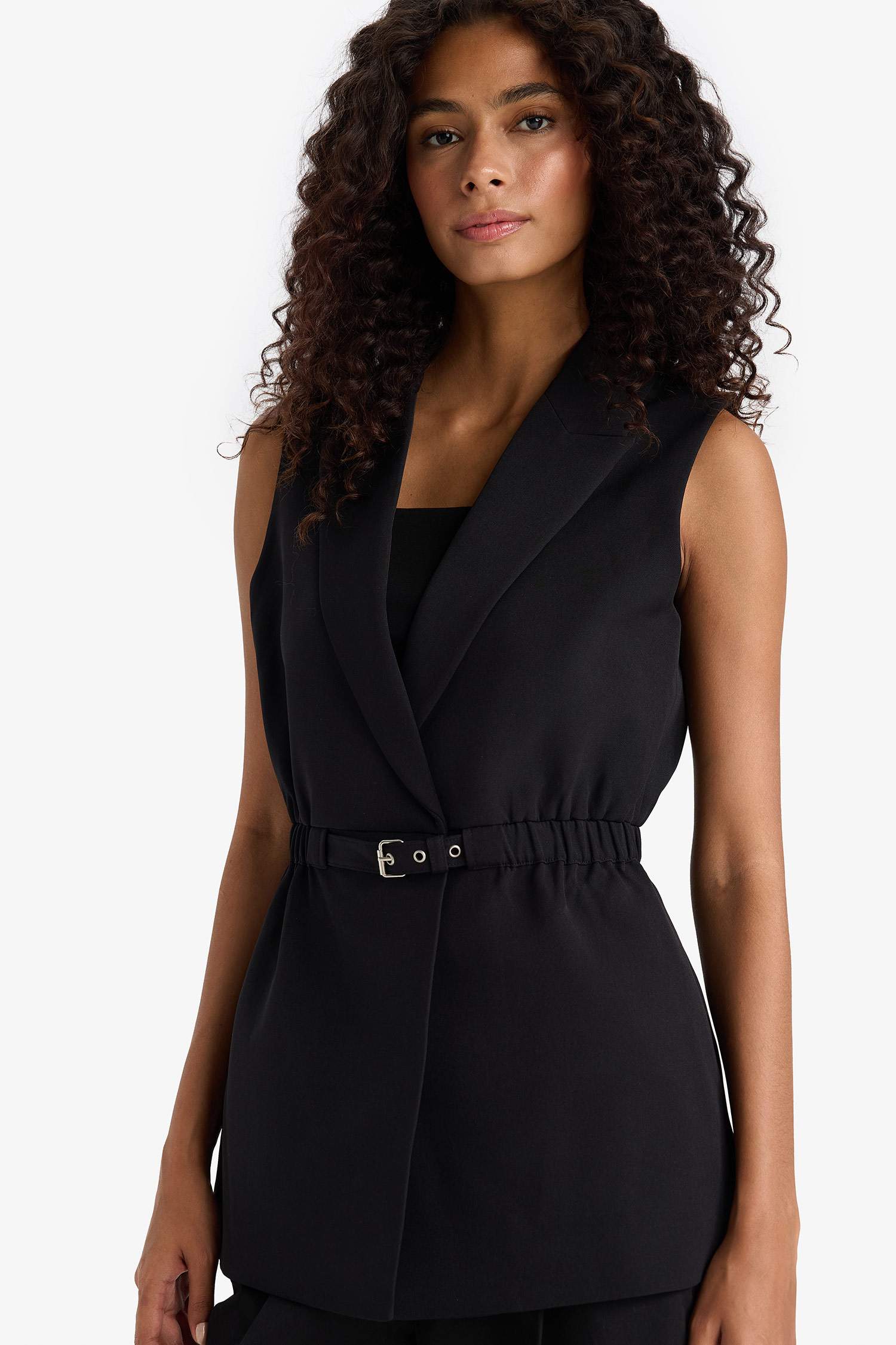 Fitted Ceket Yaka Kemerli Siyah Blazer Yelek