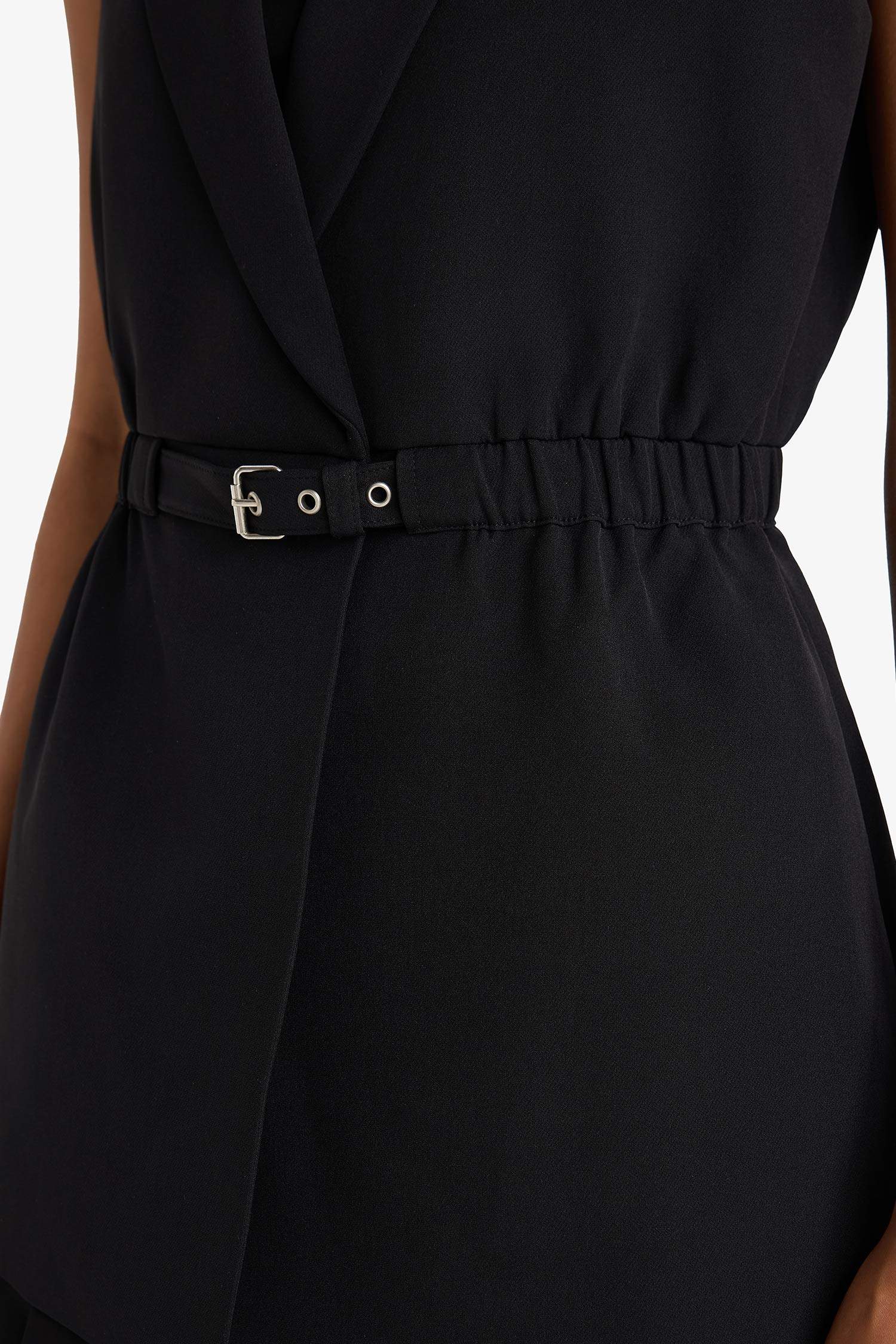 Fitted Ceket Yaka Kemerli Siyah Blazer Yelek