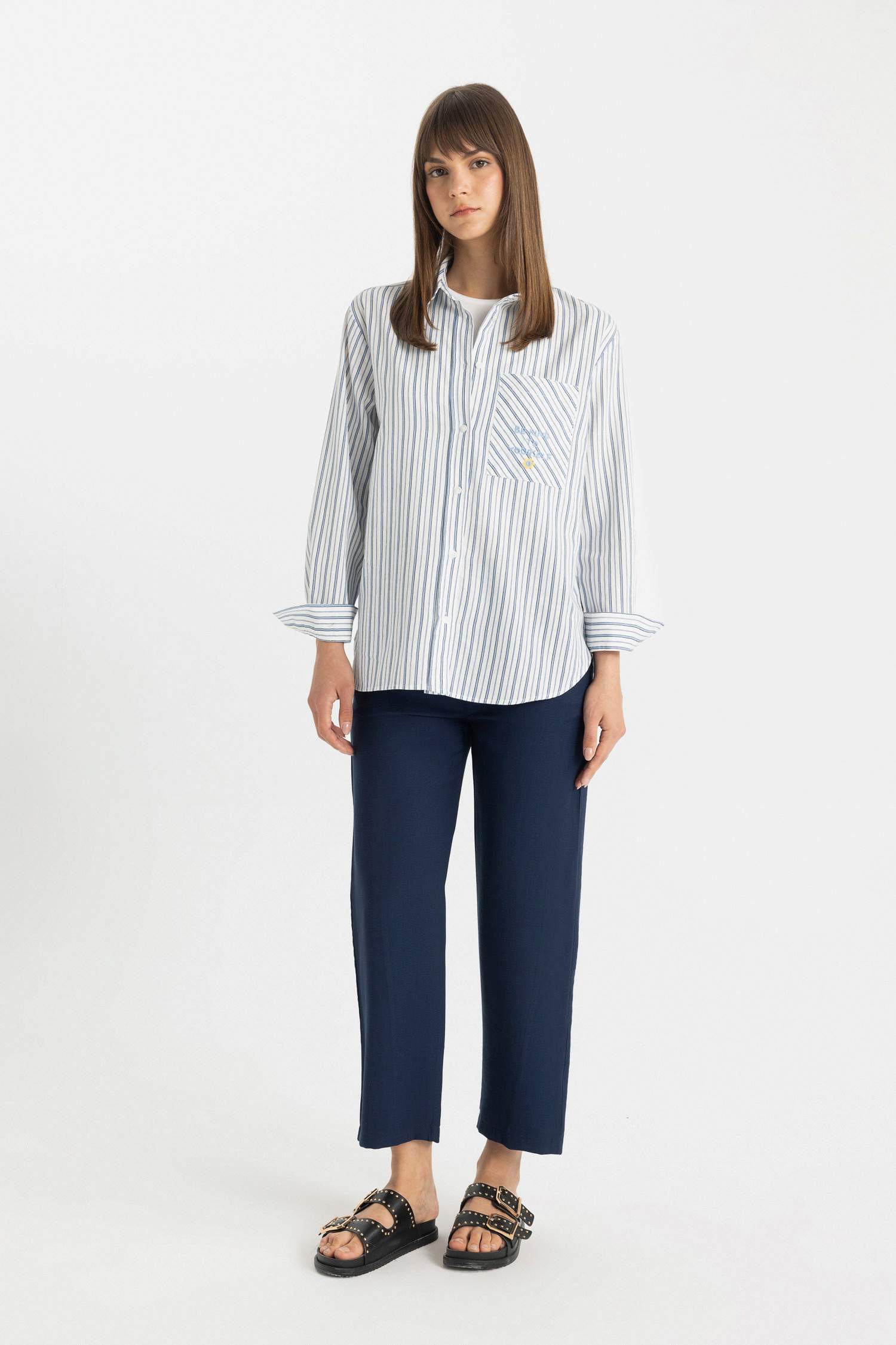 Relax Fit Long Sleeve Flared Cotton Striped Tunic