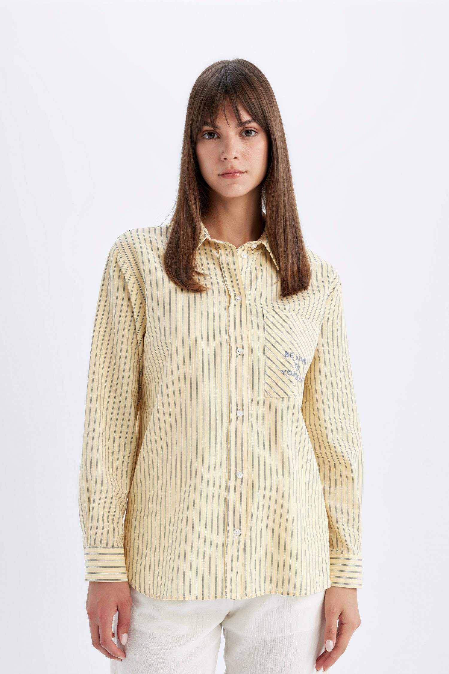 Relax Fit Çizgili Uzun Kollu Flamlı Pamuk Gömlek Tunik