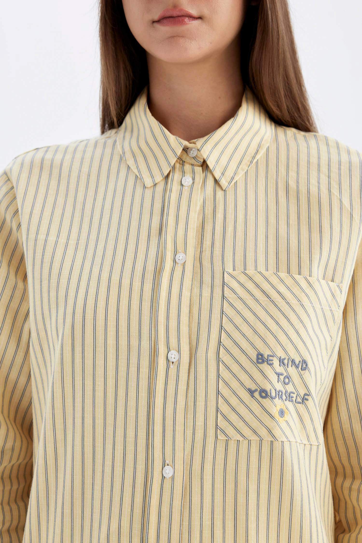 Relax Fit Çizgili Uzun Kollu Flamlı Pamuk Gömlek Tunik