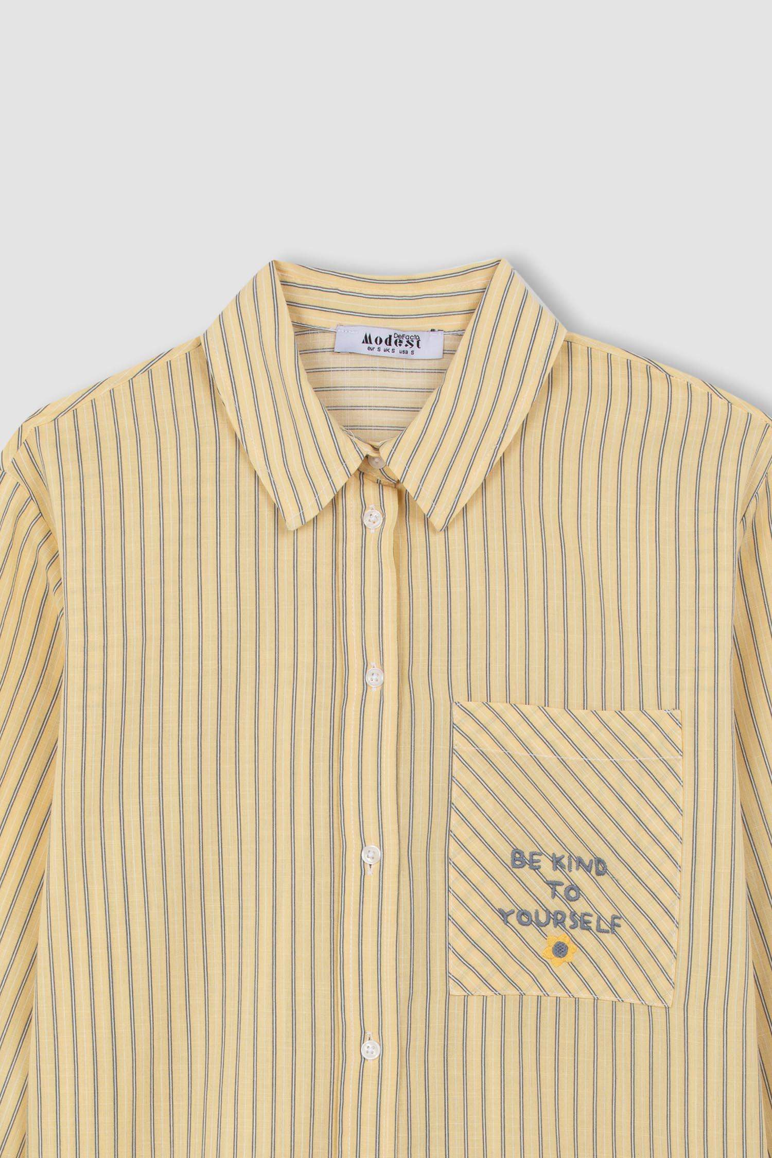 Relax Fit Çizgili Uzun Kollu Flamlı Pamuk Gömlek Tunik