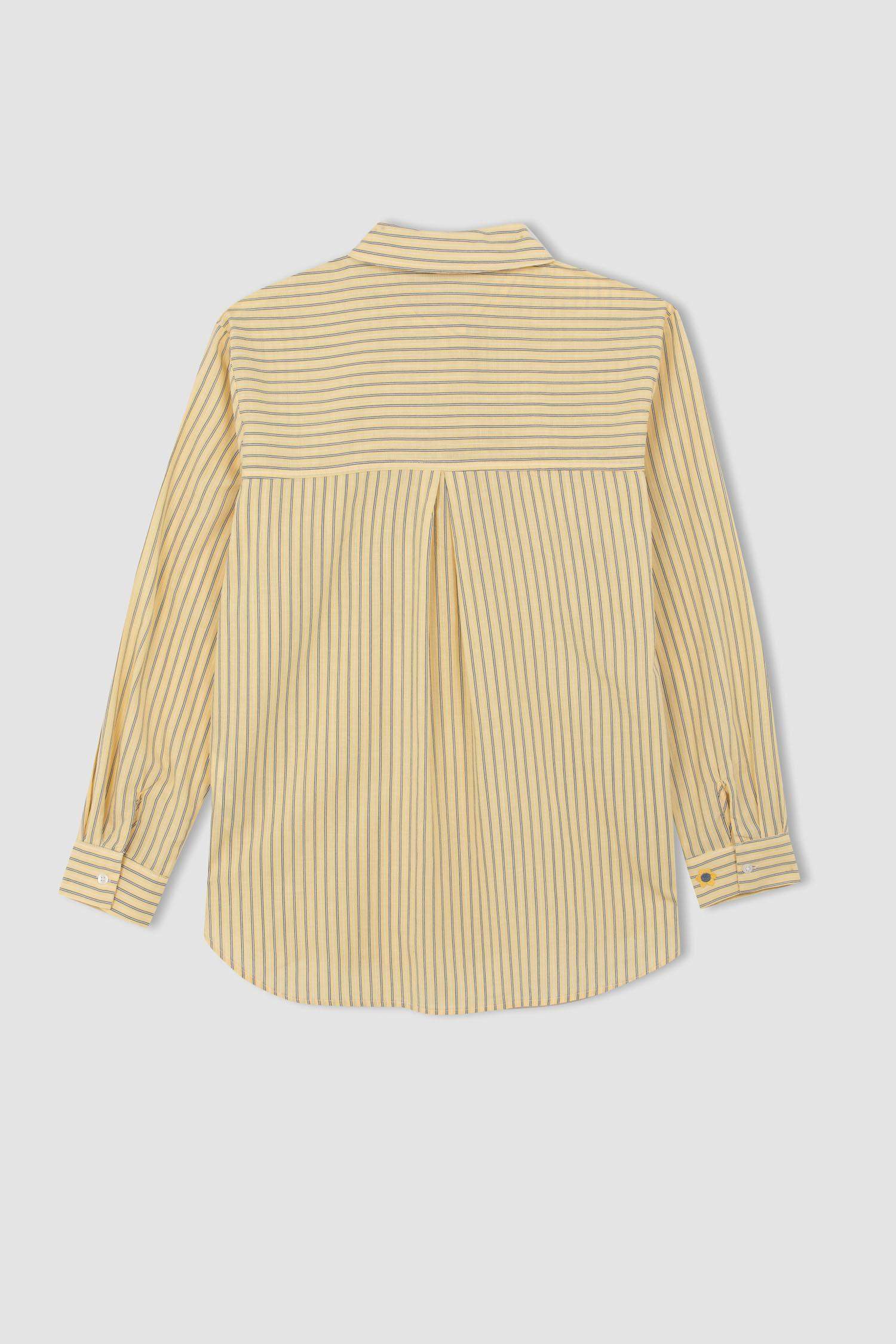 Relax Fit Çizgili Uzun Kollu Flamlı Pamuk Gömlek Tunik