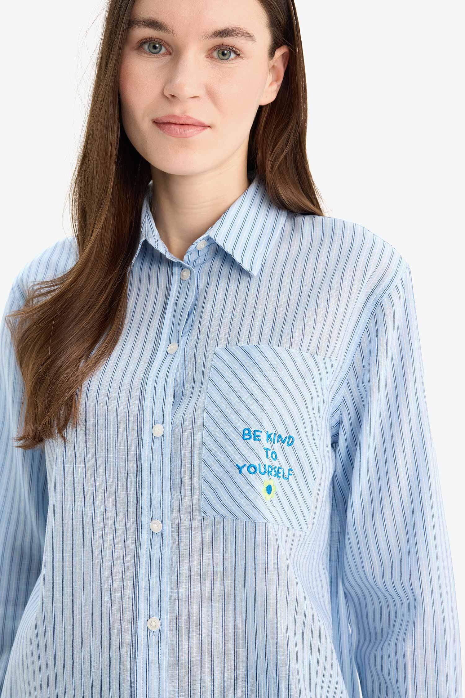 Relax Fit Baskılı Flamlı Pamuk Çizgili Uzun Kollu Gömlek Tunik