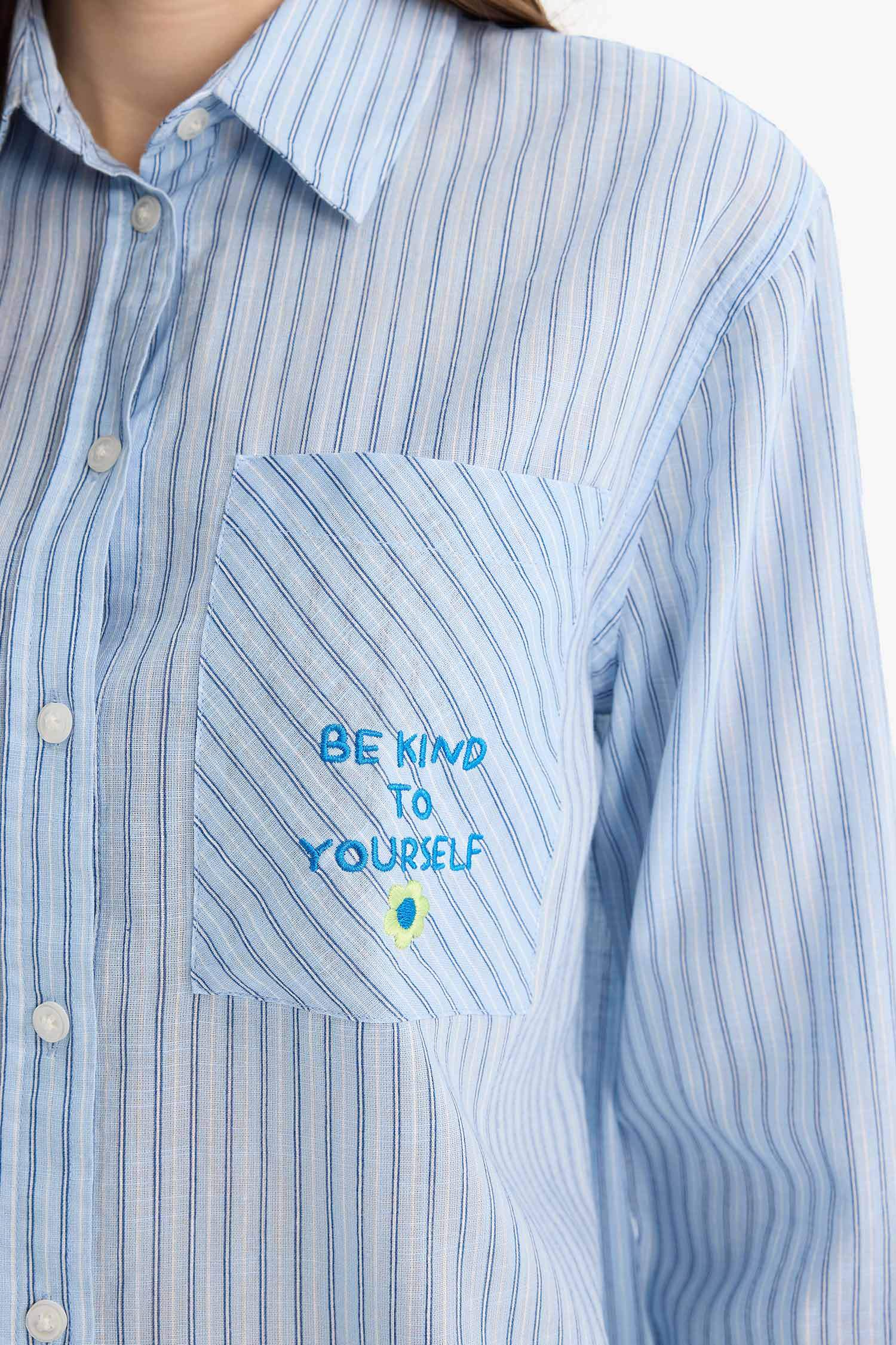 Relax Fit Baskılı Flamlı Pamuk Çizgili Uzun Kollu Gömlek Tunik