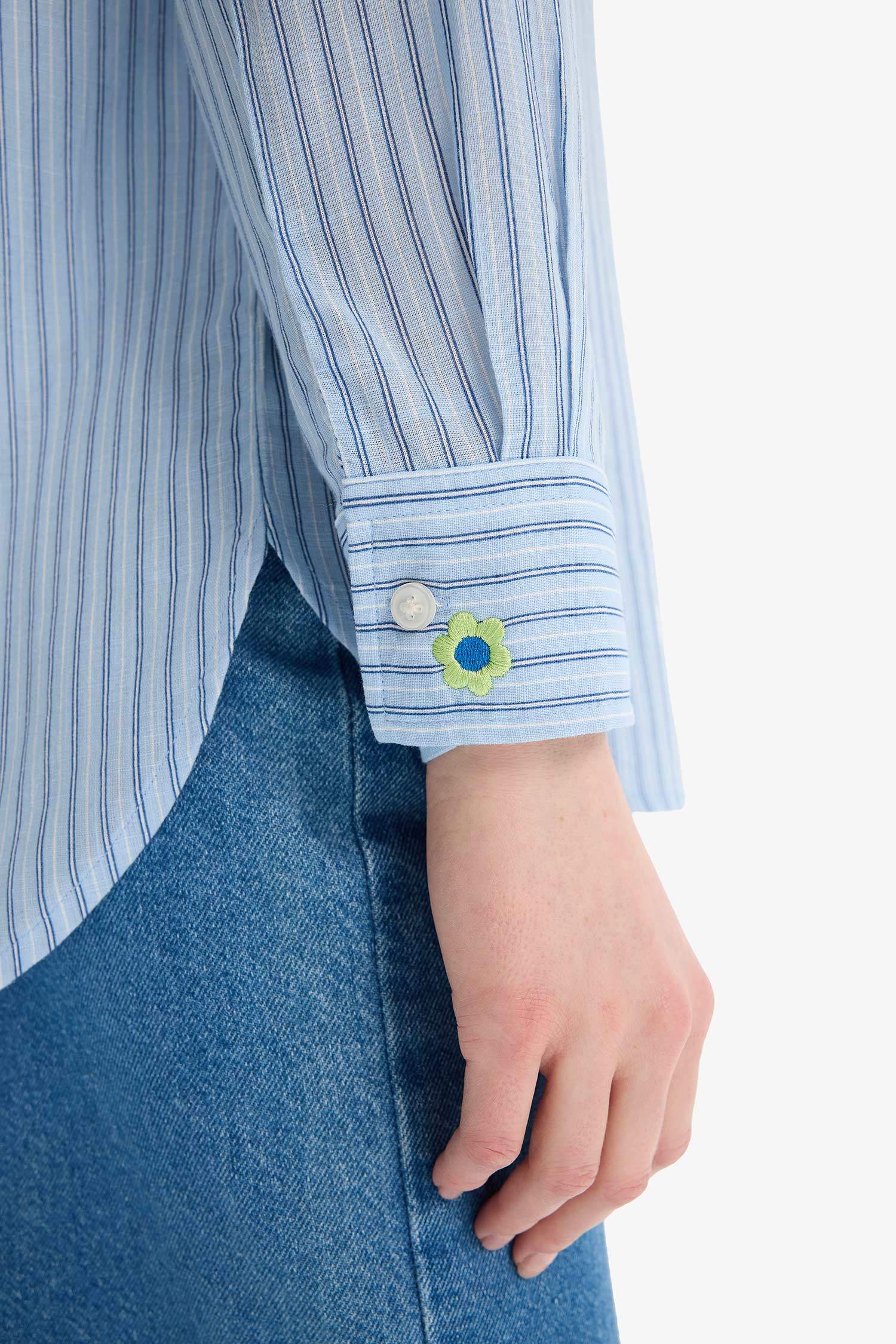 Relax Fit Baskılı Flamlı Pamuk Çizgili Uzun Kollu Gömlek Tunik