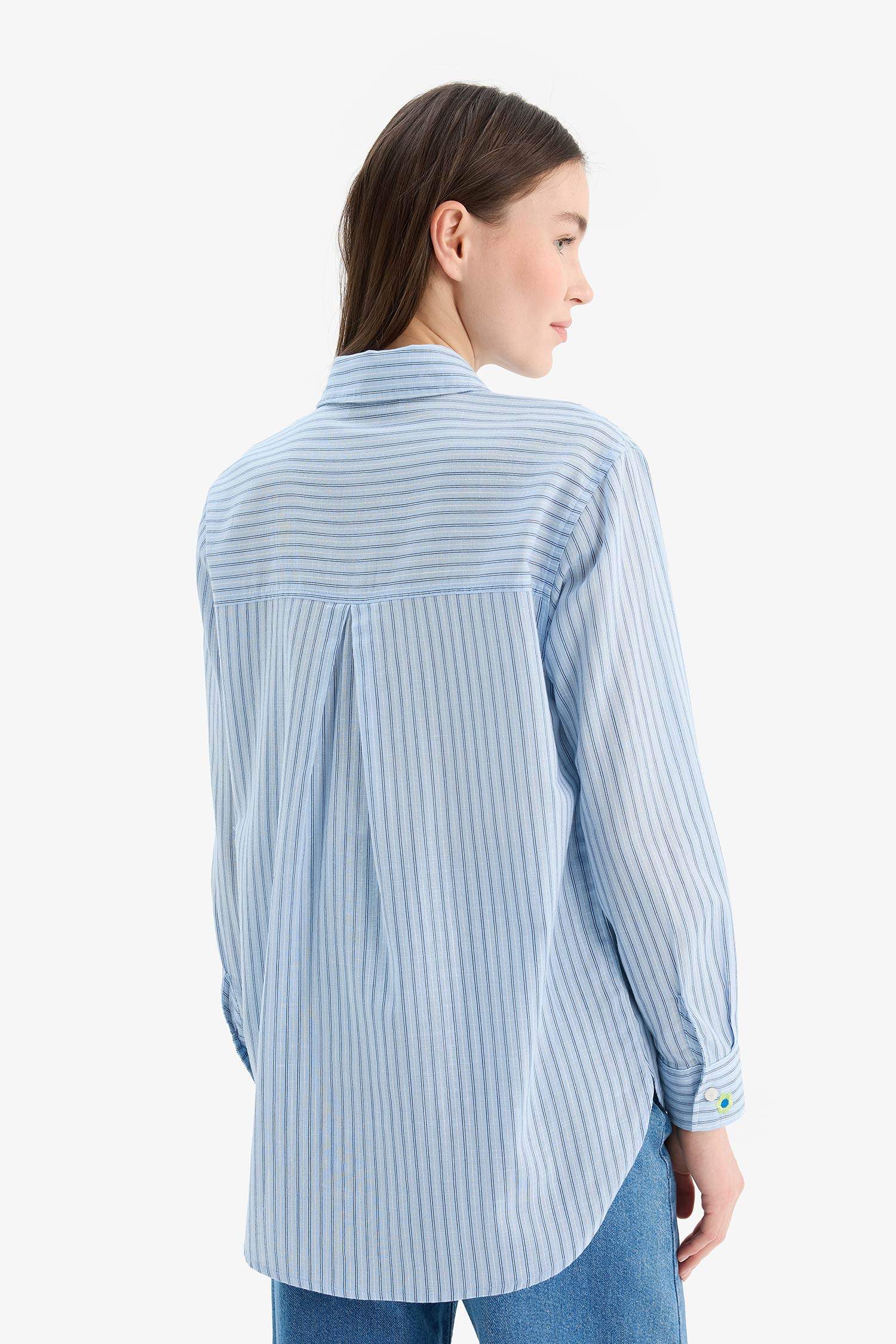 Relax Fit Baskılı Flamlı Pamuk Çizgili Uzun Kollu Gömlek Tunik