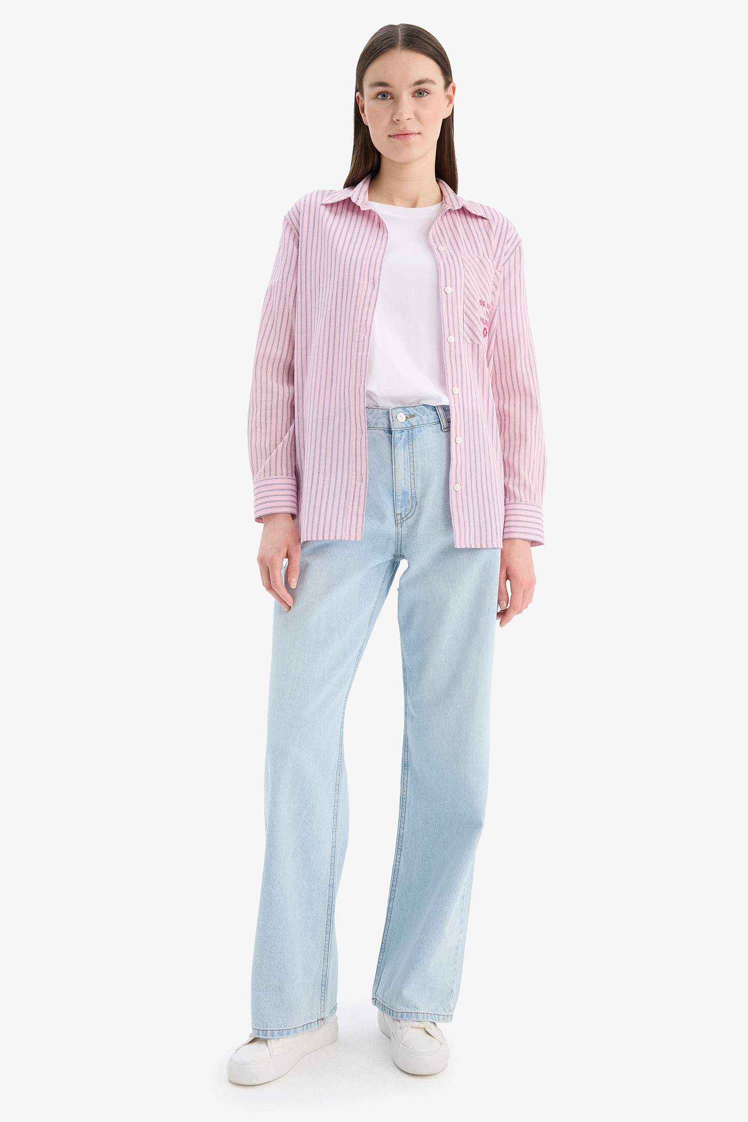 Relax Fit Baskılı Flamlı Pamuk Çizgili Uzun Kollu Gömlek Tunik