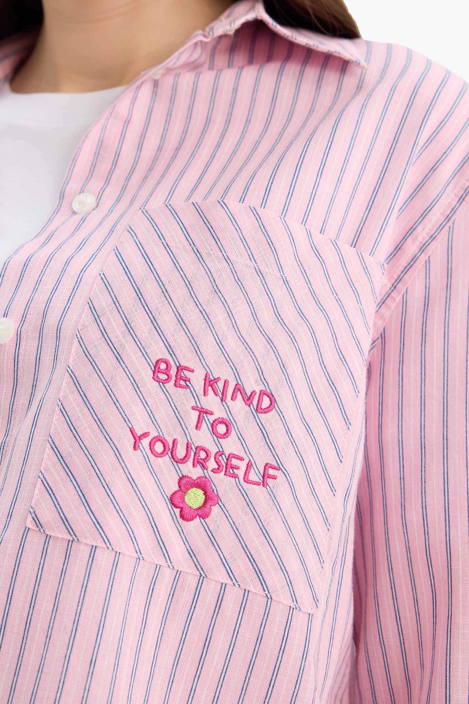 Relax Fit Baskılı Flamlı Pamuk Çizgili Uzun Kollu Gömlek Tunik