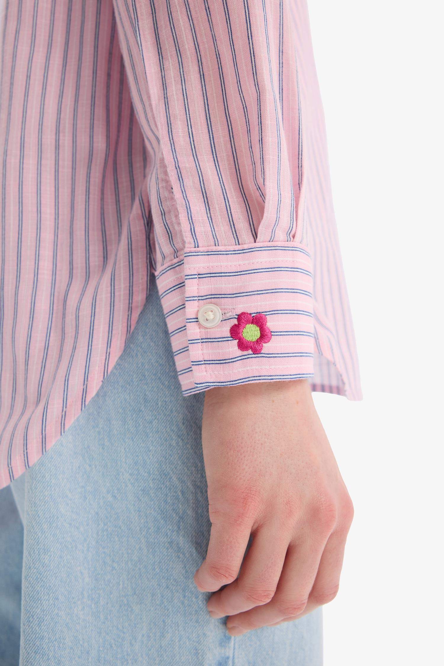 Relax Fit Baskılı Flamlı Pamuk Çizgili Uzun Kollu Gömlek Tunik