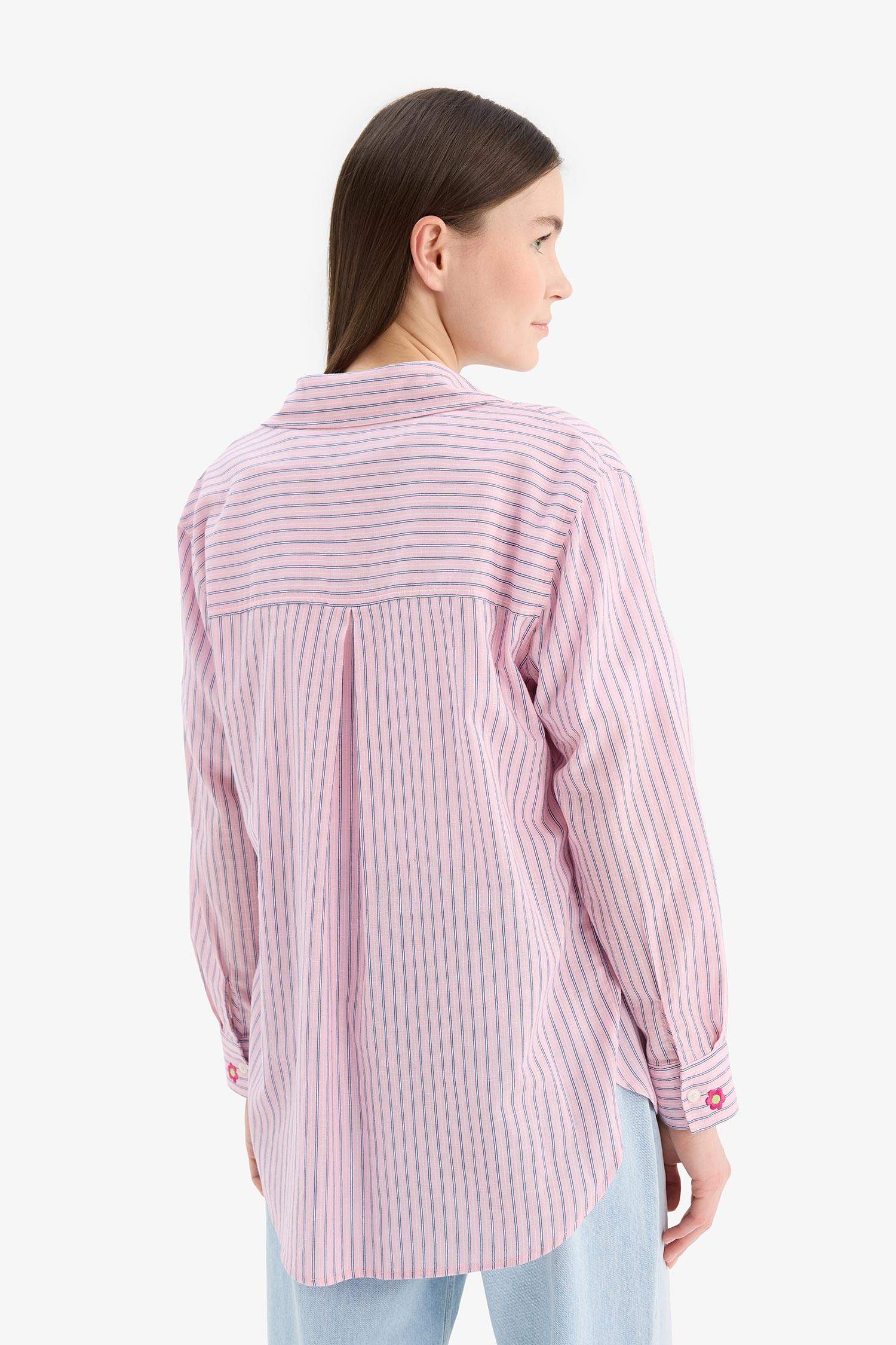 Relax Fit Baskılı Flamlı Pamuk Çizgili Uzun Kollu Gömlek Tunik