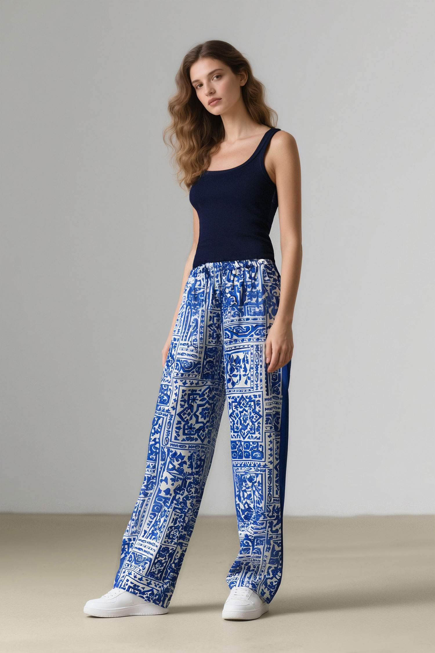 Wide Leg Patterned Pocket High Waist Trousers