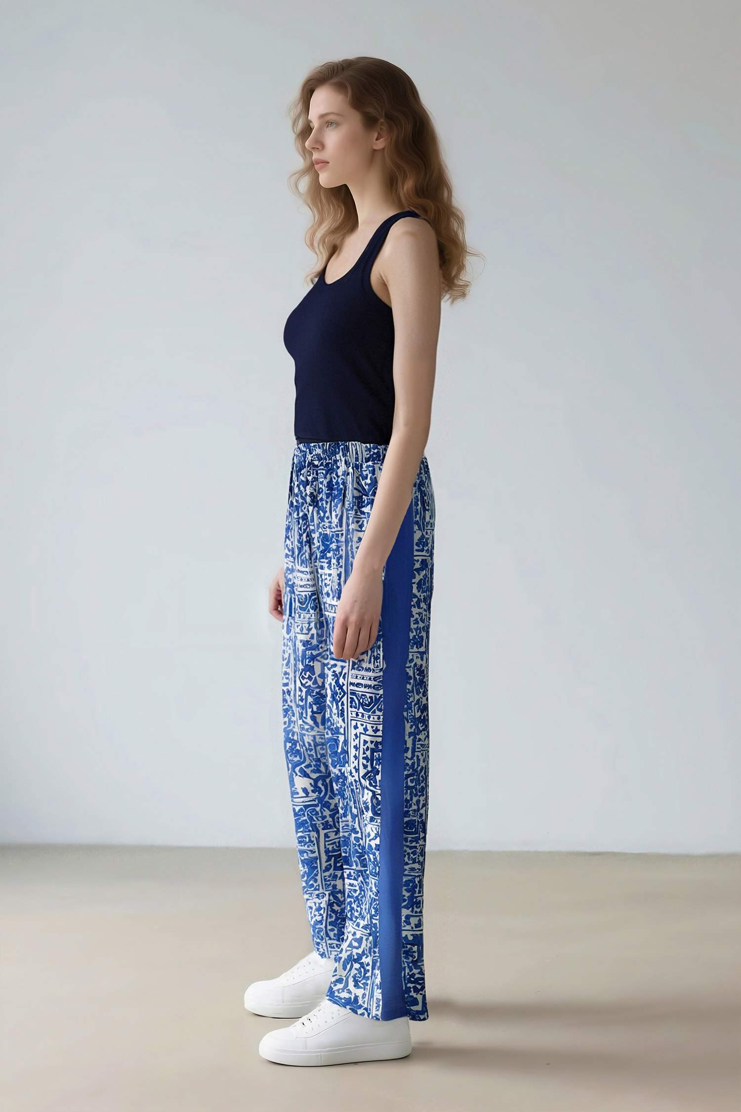 Wide Leg Patterned Pocket High Waist Trousers