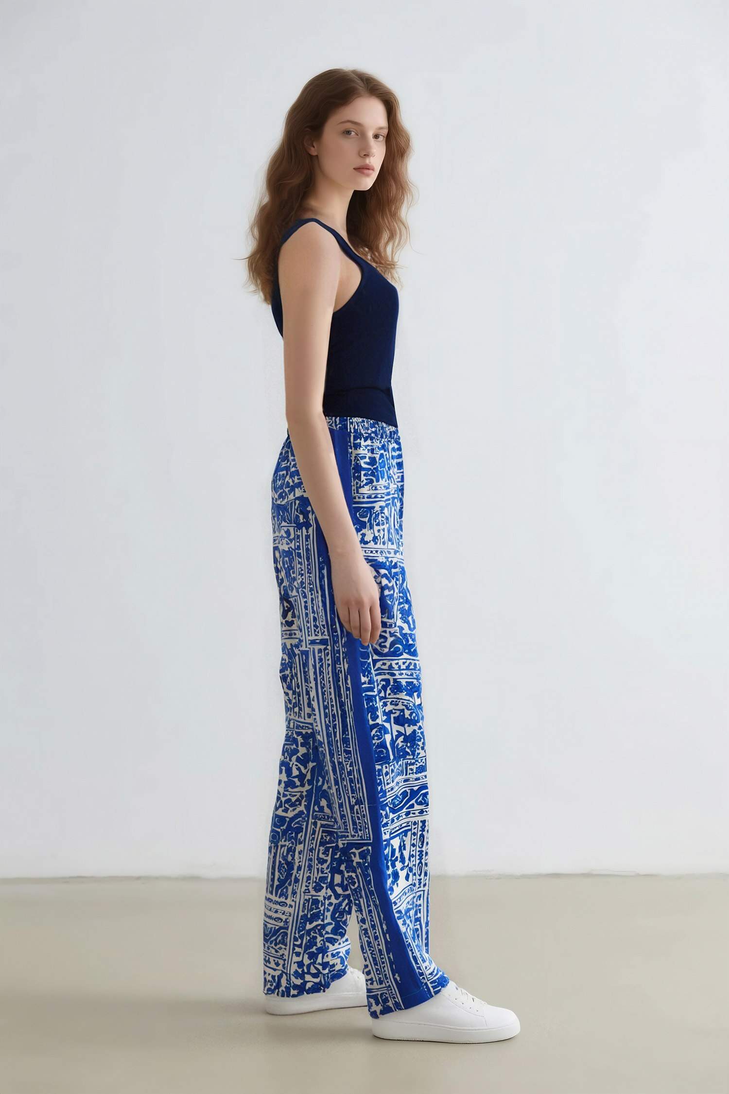 Wide Leg Patterned Pocket High Waist Trousers
