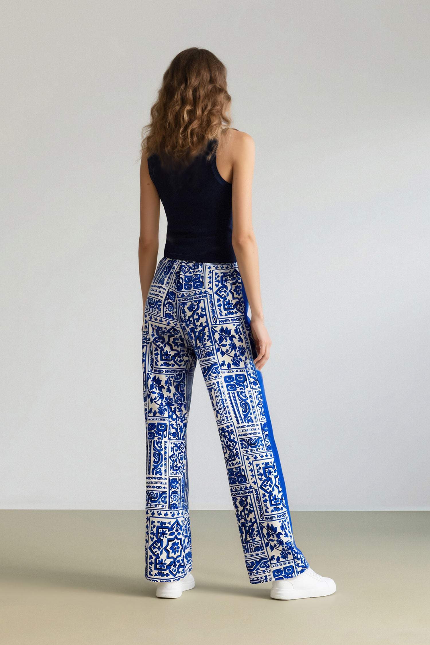 Wide Leg Patterned Pocket High Waist Trousers