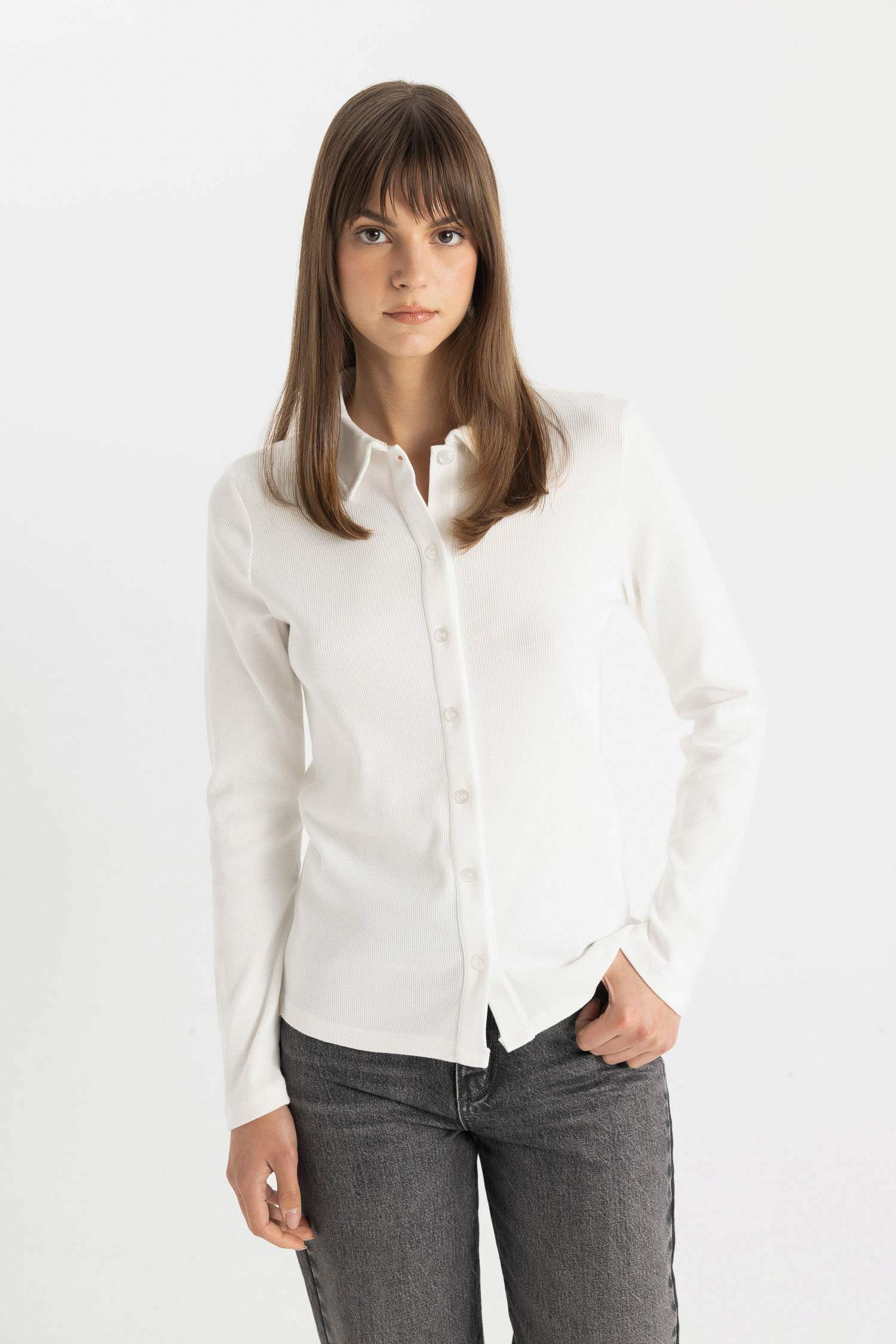 Buttoned Basic Ribbed Long Sleeve Shirt Tunic