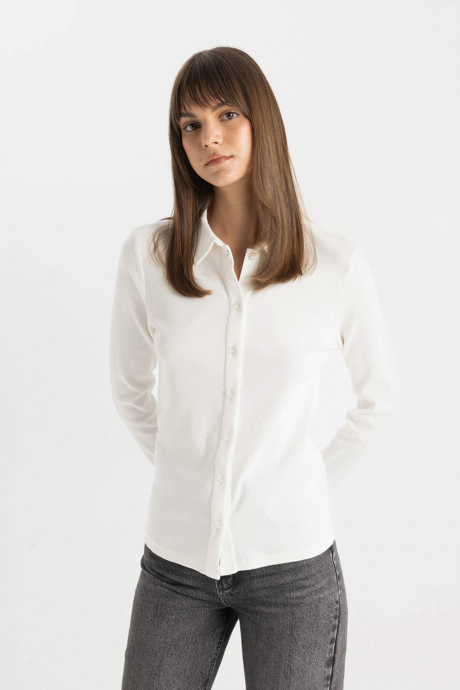Buttoned Basic Ribbed Long Sleeve Shirt Tunic