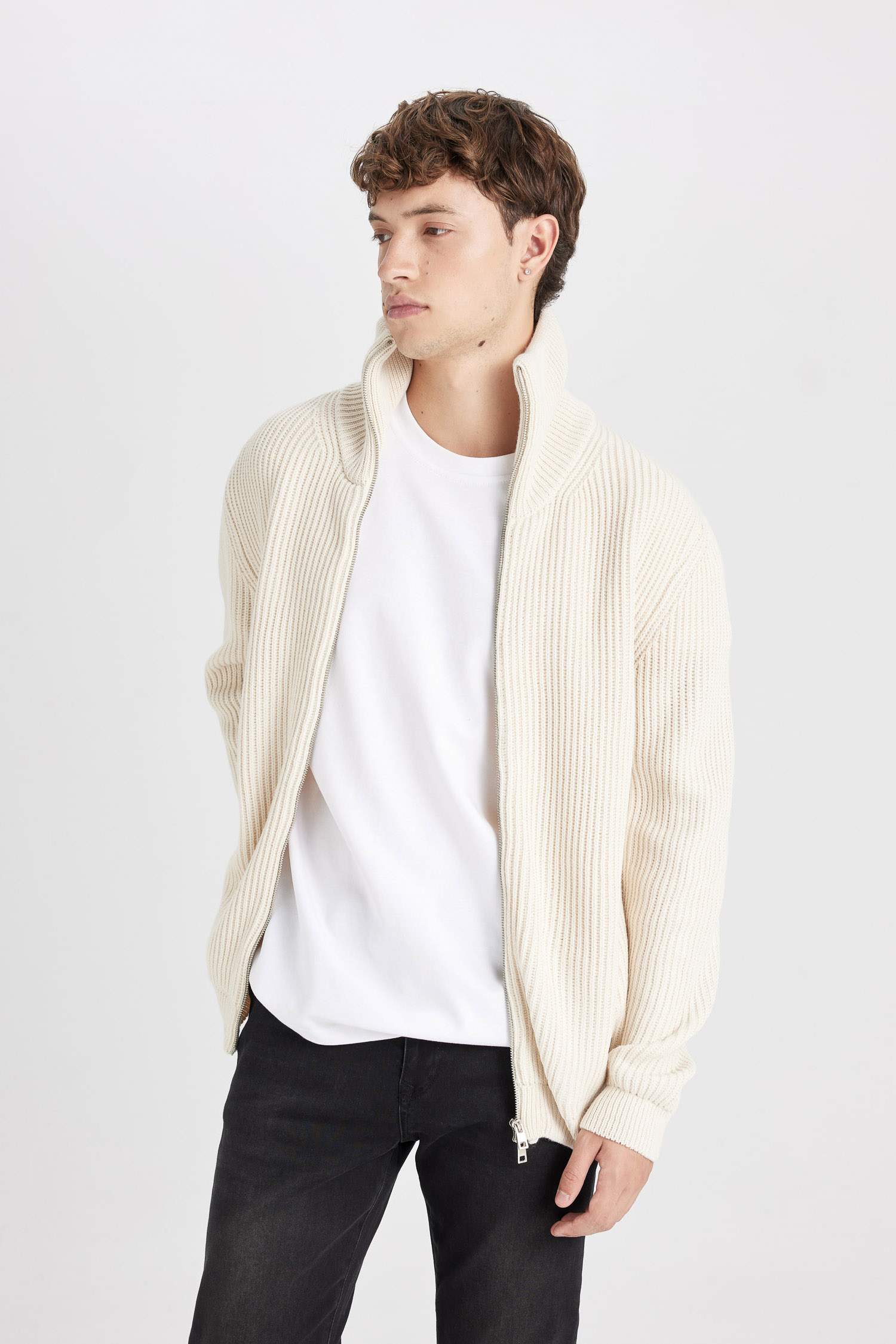 Standart Fit Normal Kesim Dik Yaka Fermuarlı Hırka