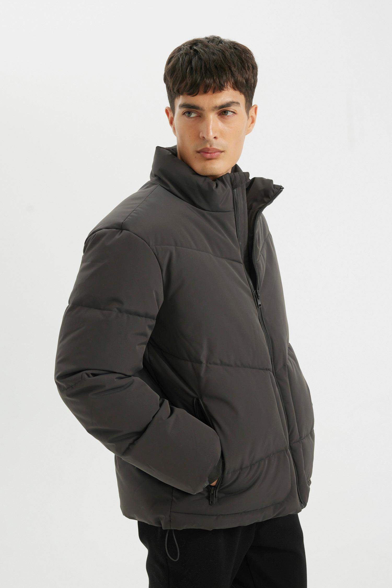 Slim Fit Stand Collar Zippered Pocketed Puffer Jacket