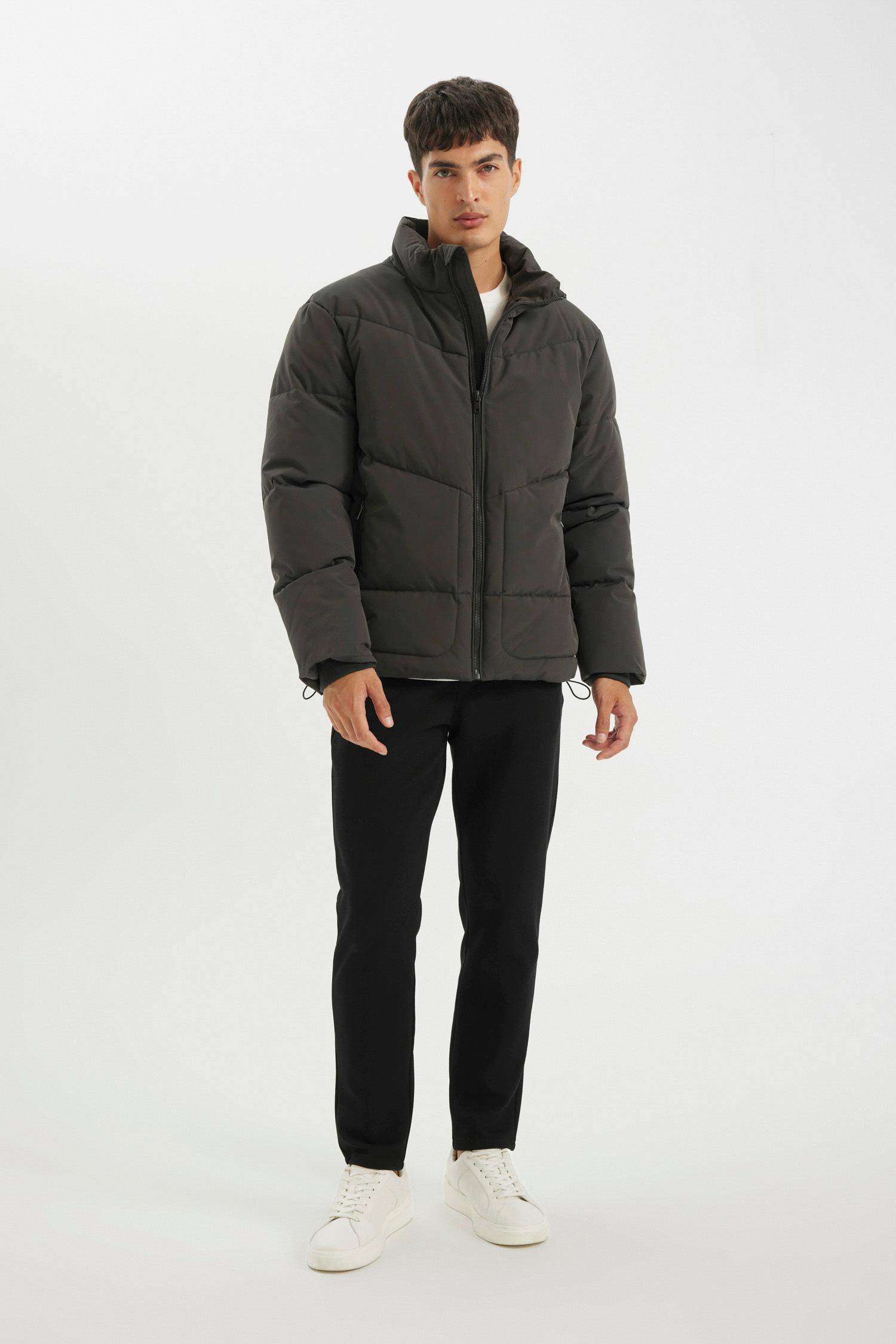 Slim Fit Stand Collar Zippered Pocketed Puffer Jacket