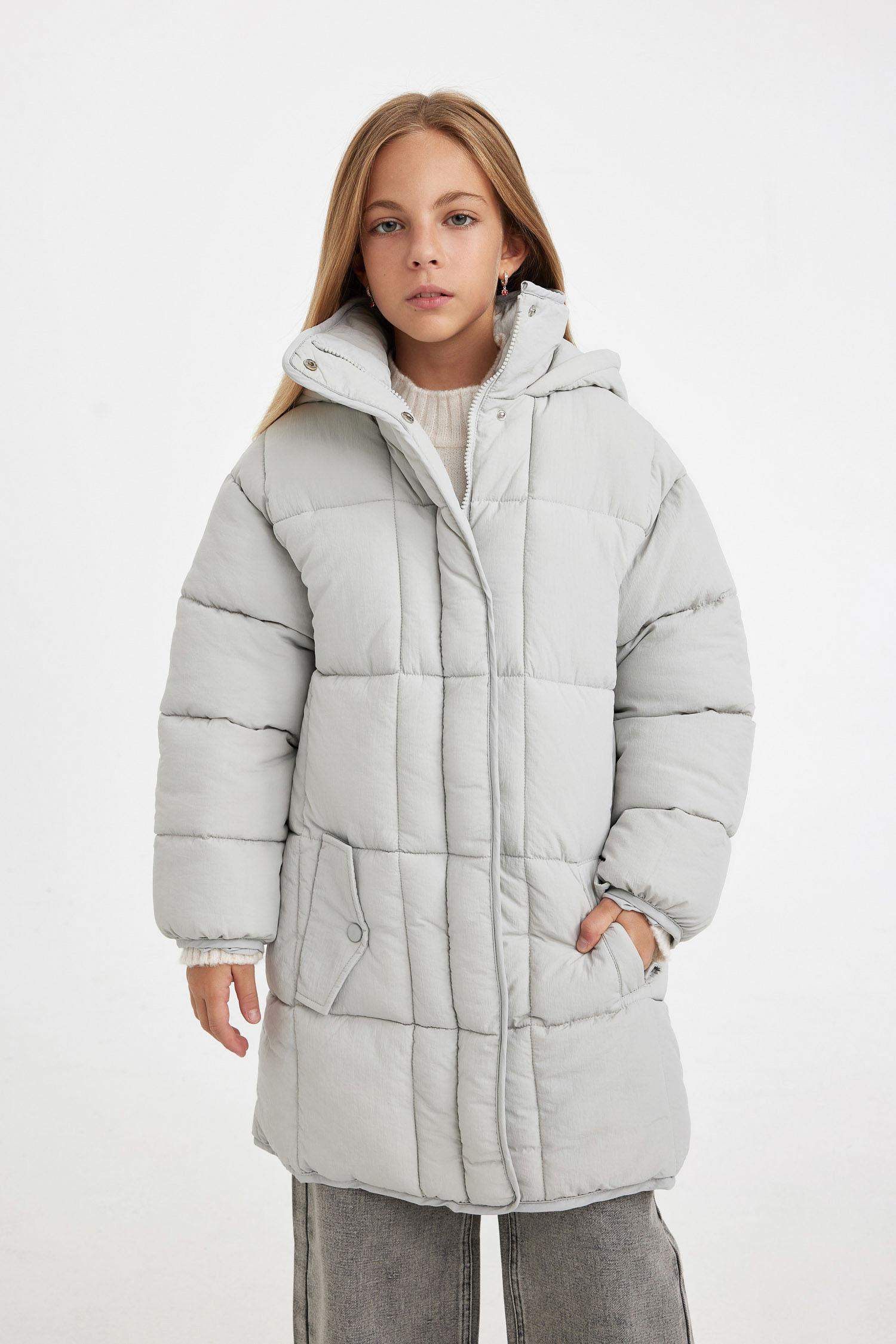 Kız Çocuk Su Geçirmez Kapüşonlu Hafif Uzun Şişme Mont Parka Fermuarlı Cepli