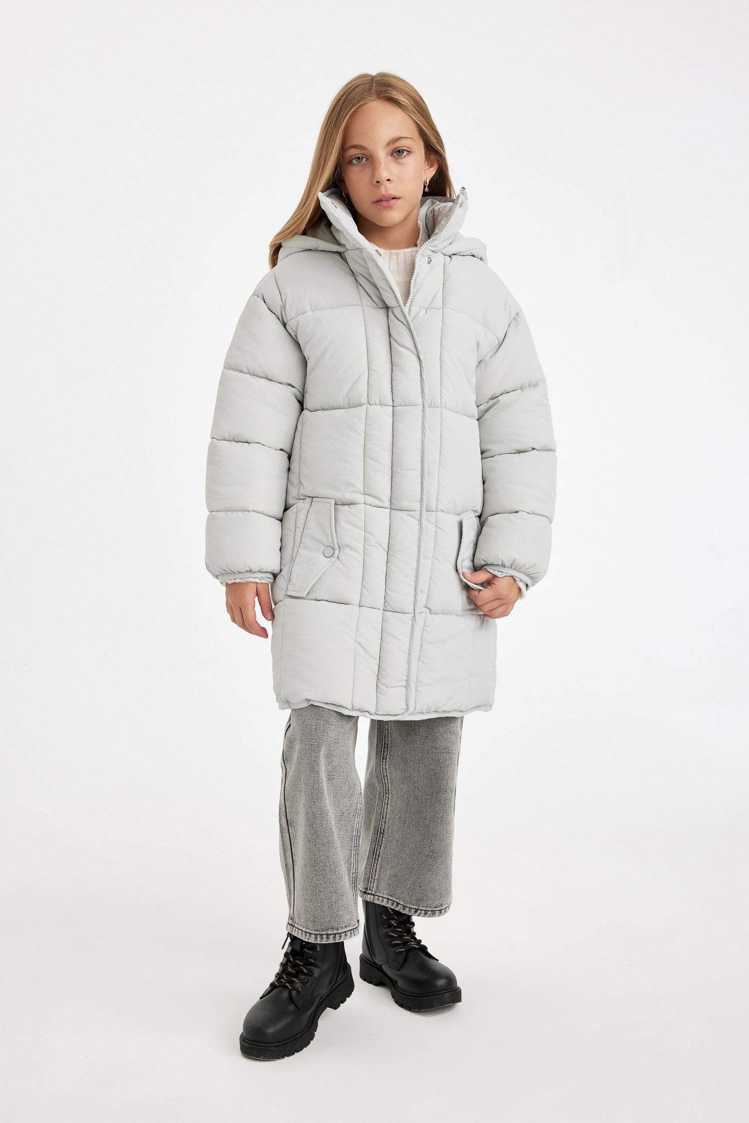 Kız Çocuk Su Geçirmez Kapüşonlu Hafif Uzun Şişme Mont Parka Fermuarlı Cepli