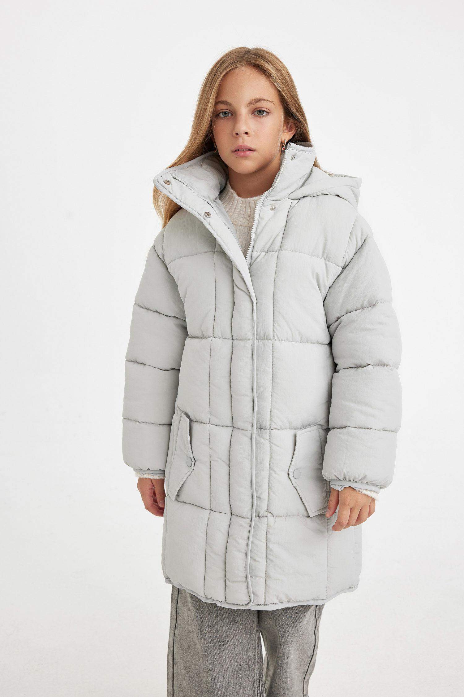 Kız Çocuk Su Geçirmez Kapüşonlu Hafif Uzun Şişme Mont Parka Fermuarlı Cepli