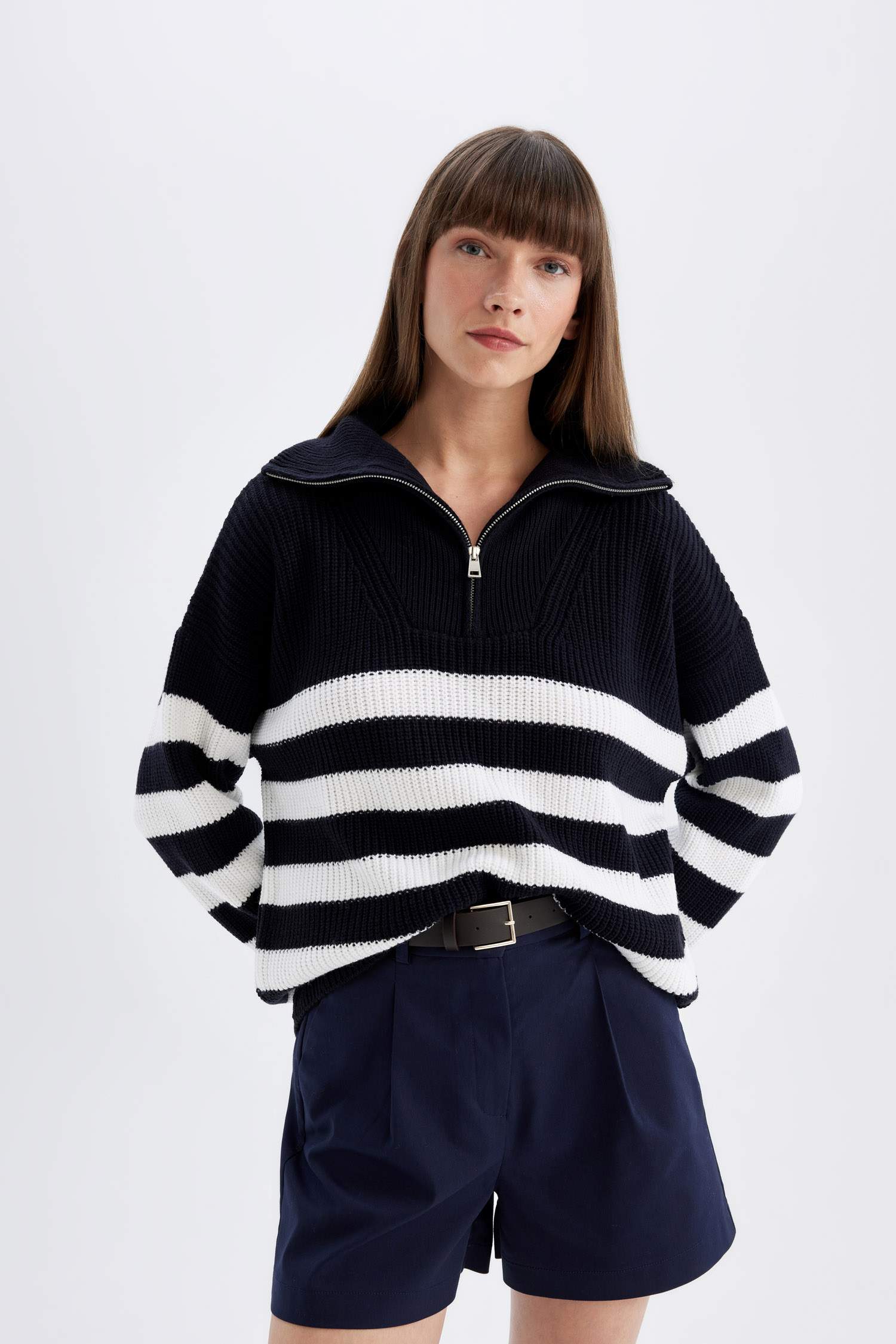 Relax Fit Çizgili Yarım Fermuarlı Selanik Kumaş Triko Kazak